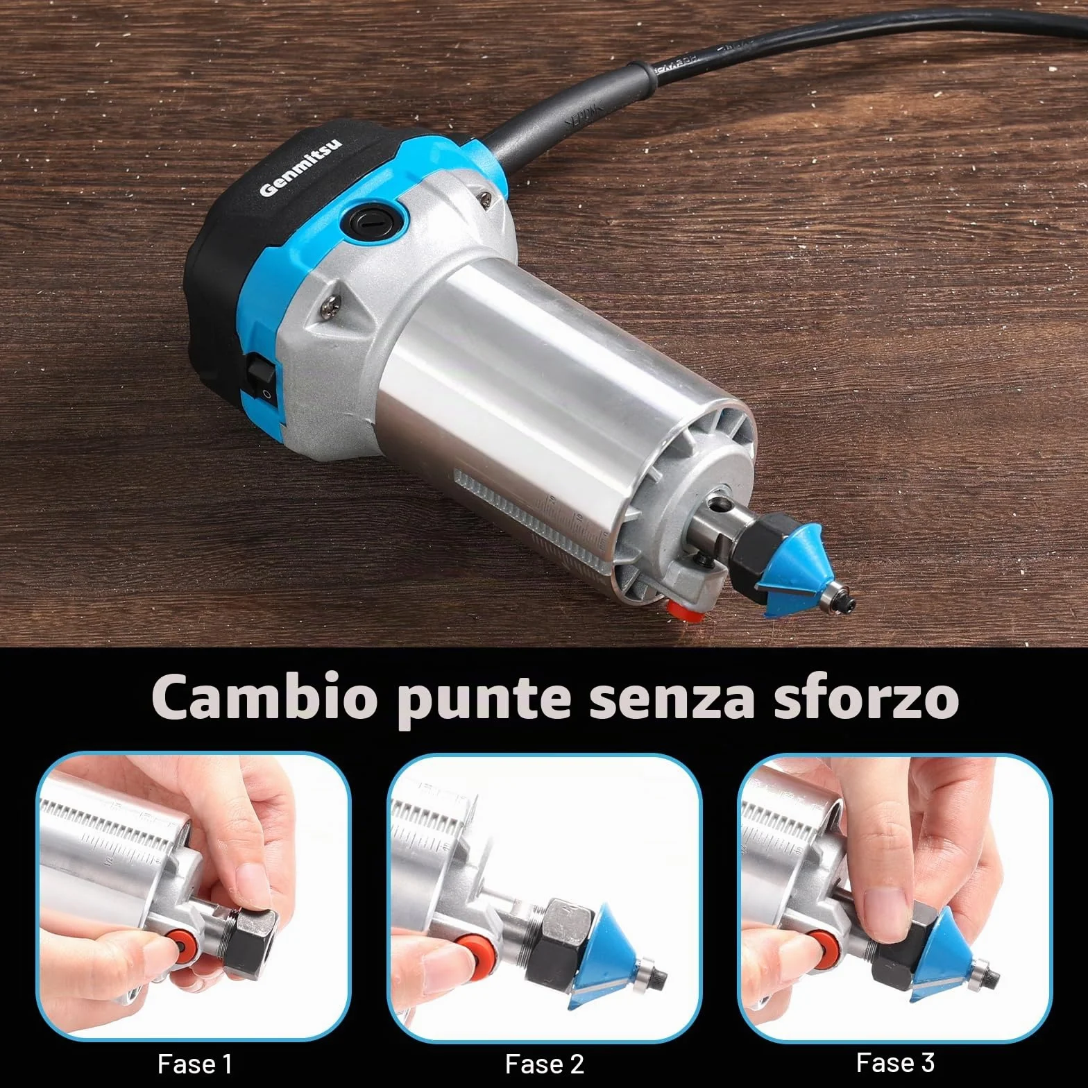 Genmitsu 1,25 HP Palm Trimmer Router, Router compatto per legno con base fissa, 6 velocità variabili 10000-30000 R/MIN, con pinza da 1/4", perfetto per la lavorazione del legno CNC e il fai da te