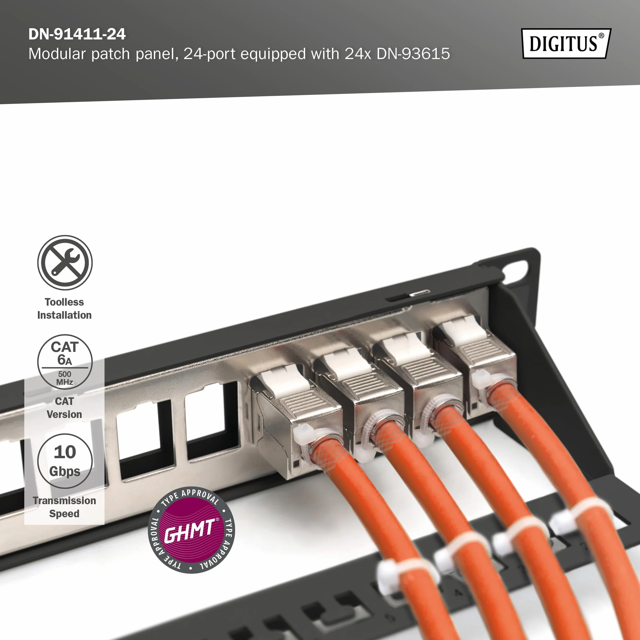 DIGITUS PatchPanel Set – 24 porte – con 24 moduli Keystone DN-93615 – 500 MHz – CAT 6A – Montaggio su rack in armadio di rete da 19 pollici – 1 U – Nero