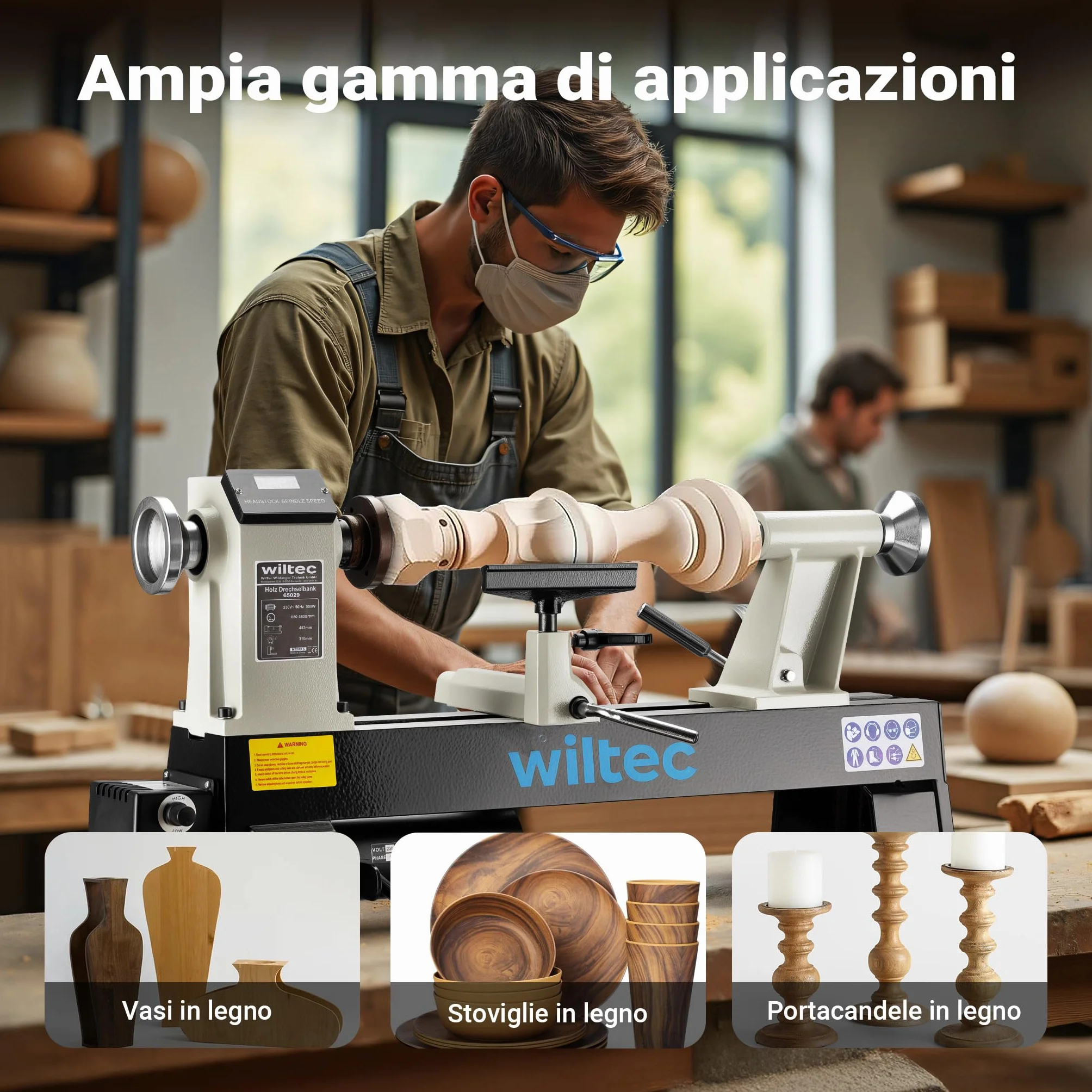 Wiltec Tornio per legno, 3 variazioni di velocità 50-1450, 1250-2800 e 2800–3800 rpm, Macchina da banco per tornitura