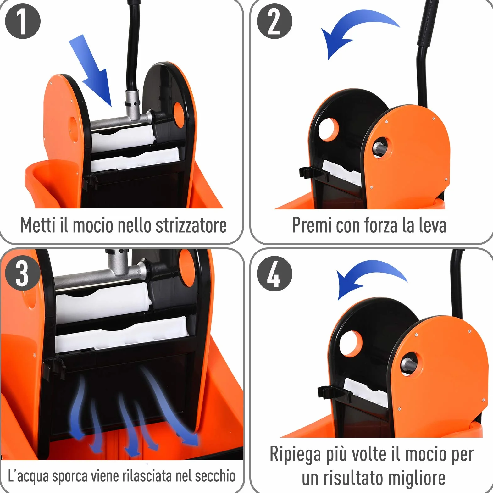 HOMCOM Secchio per Mocio Professionale 36L, Carrello Lavapavimenti con Strizzatore Manuale e 2 Secchi, Arancione e Nero