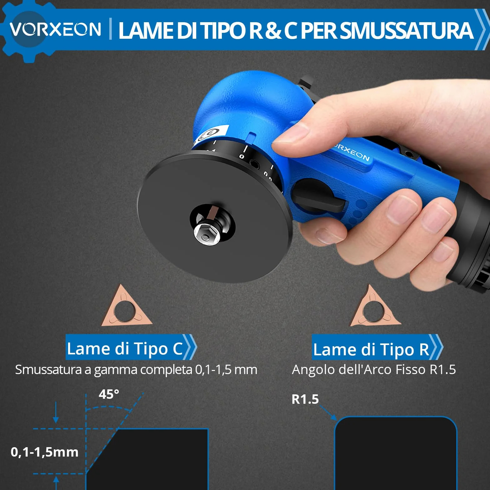 Smussatrice Pneumatica Portatile 45°, Mini Macchina Smussatura Aria 30000 RPM 4 Velocità, Inserti R C Regolabili 0.1-1.5mm Metallo Legno PVC