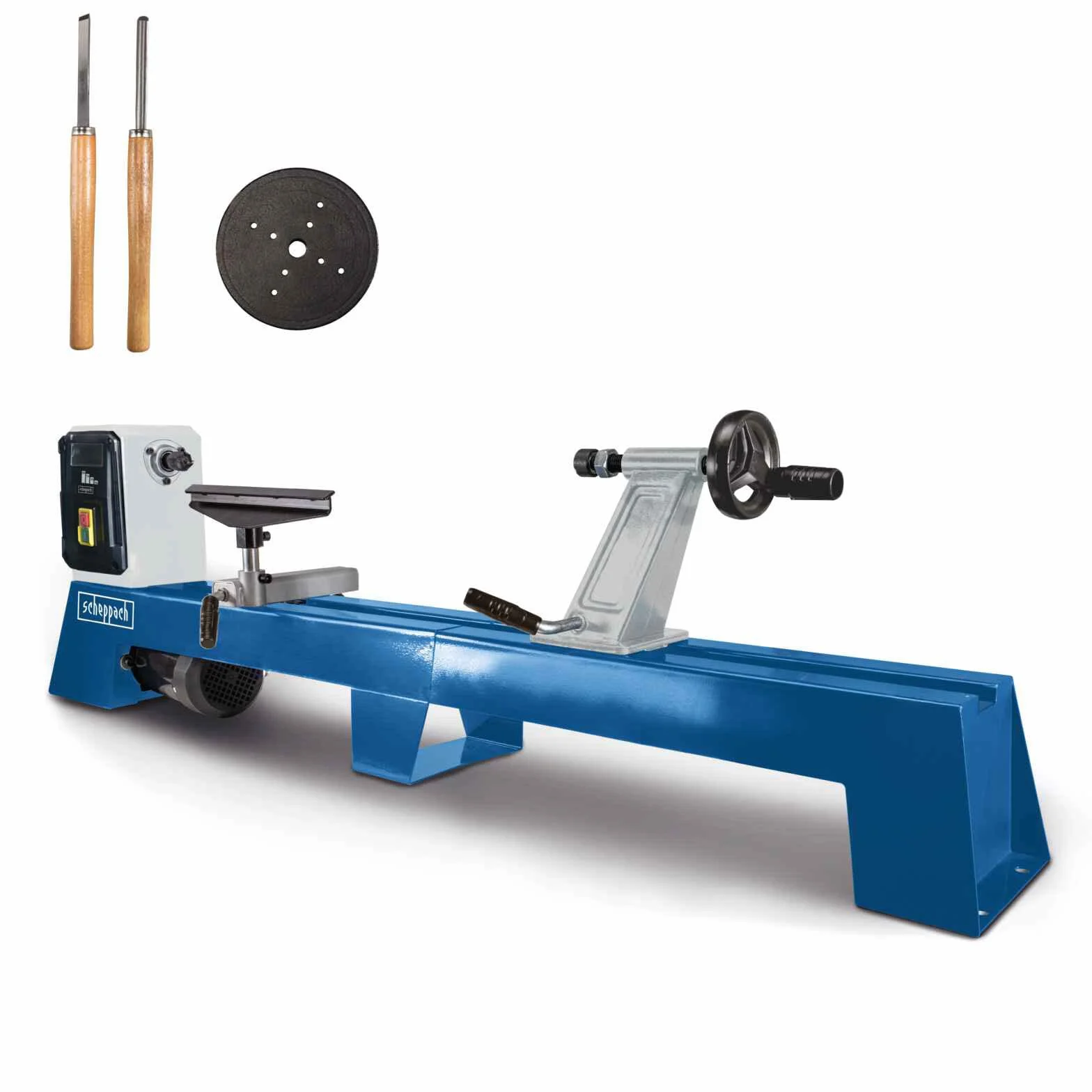 Scheppach DM1100T - Tornio a legno a 4 velocità, potenza 400 W, parti fino a 1000 mm di lunghezza/Ø 350 mm, azionamento con punta a passo M18 dotata di 4 gogli, altezza panca di 175 mm