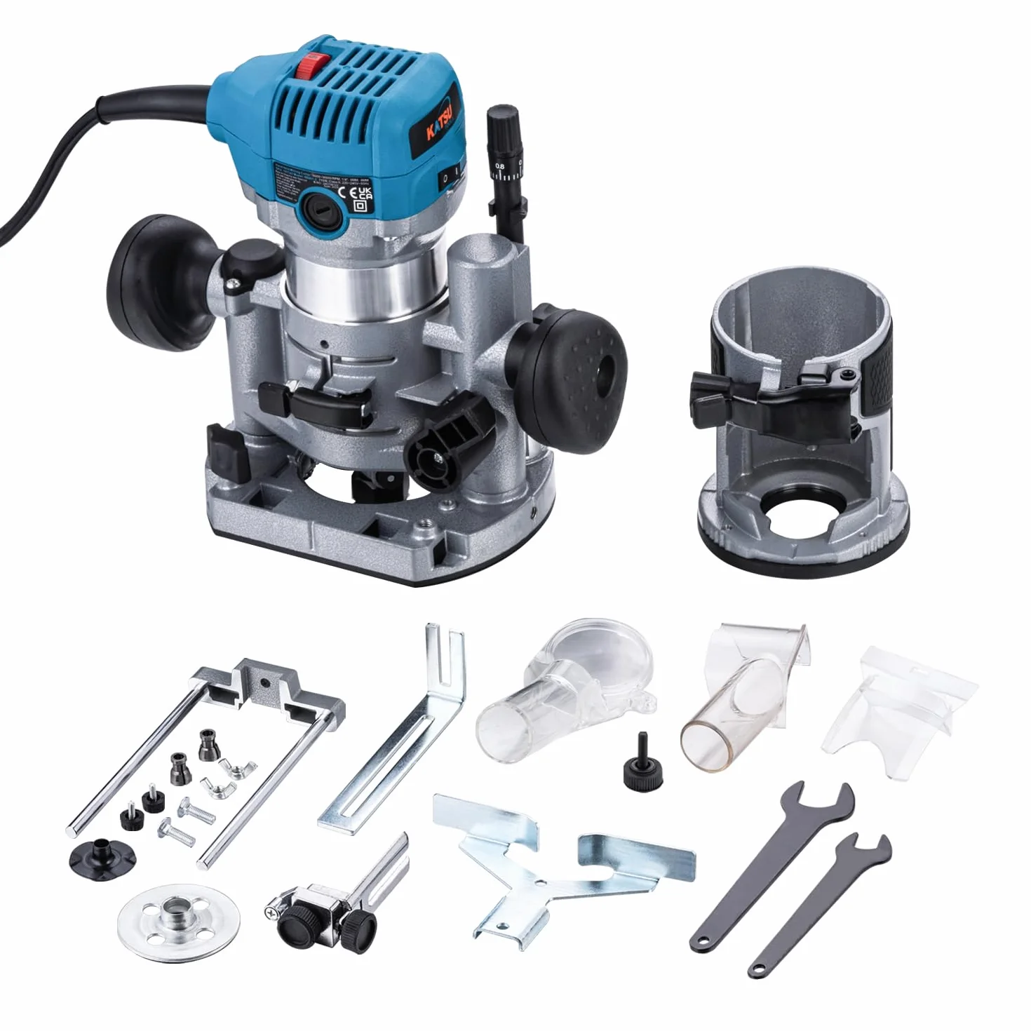 KATSU Tools Fresatrice/trimmer legno elettrica 710 W – soft start, base a immersione, corpo in alluminio, 3 mandrini (1/4", 6 mm, 8 mm) fai-da-te