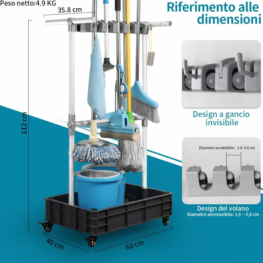 Carrello di pulizia mobile Supporto per scopa e mocio per pavimenti bagnati