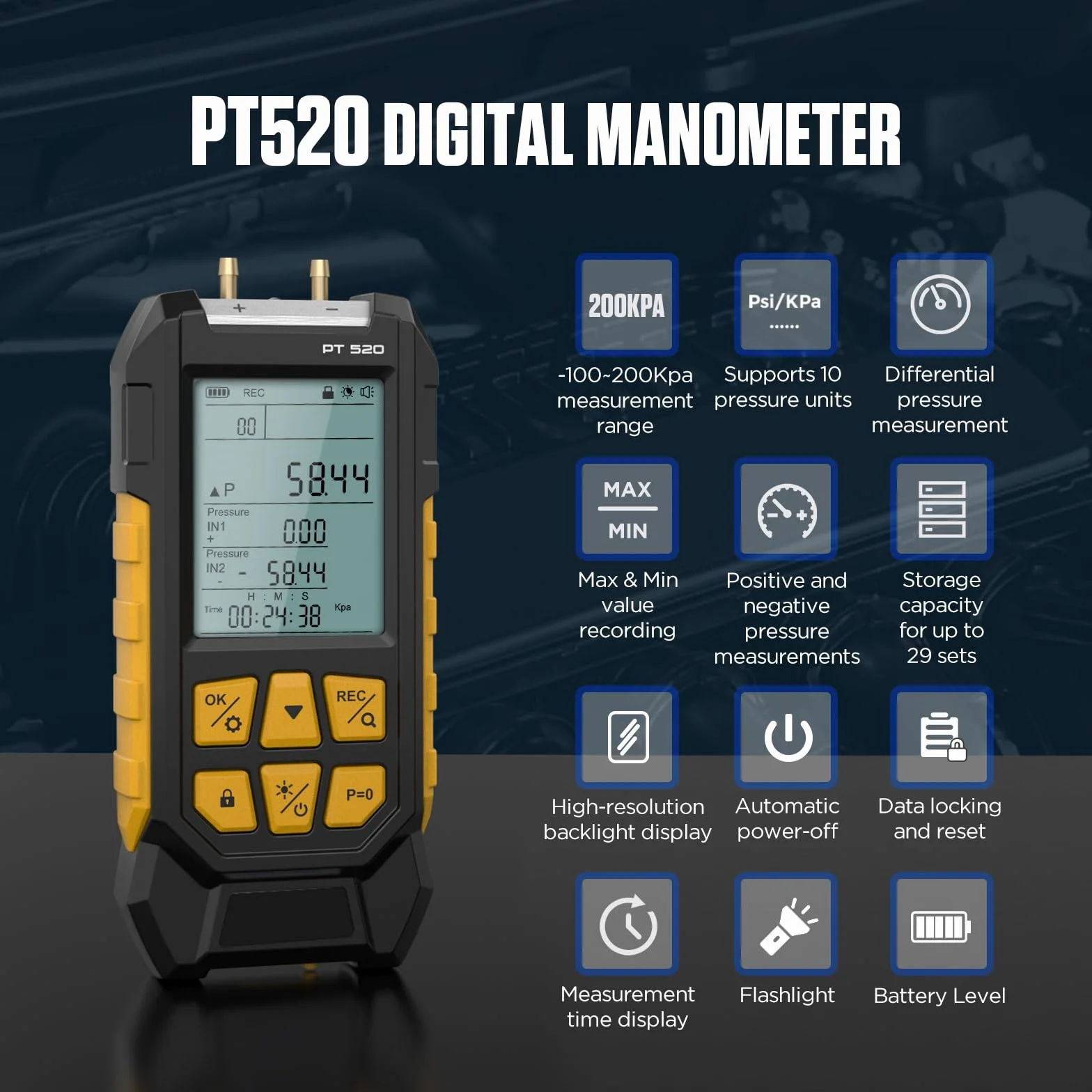 PT520 Manometro digitale misuratore di pressione dell'aria -100-200 KPa 0,01 risoluzione 11 unità Dual-Port HVAC