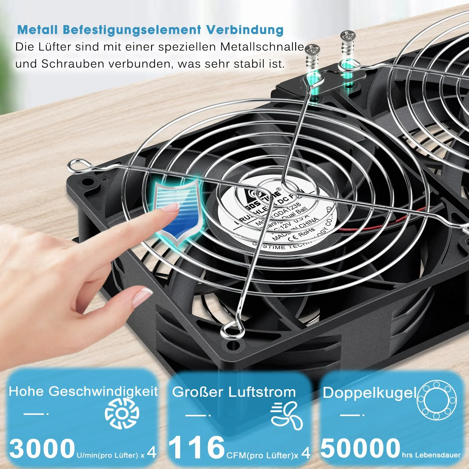 GDSTIME 4 ventole da 120 mm, 230 V, grande flusso d'aria 120 mm x 38 mm, ventola 220 V AC con spina AC 4 V – 12 V, velocità regolabile per armadio server garage