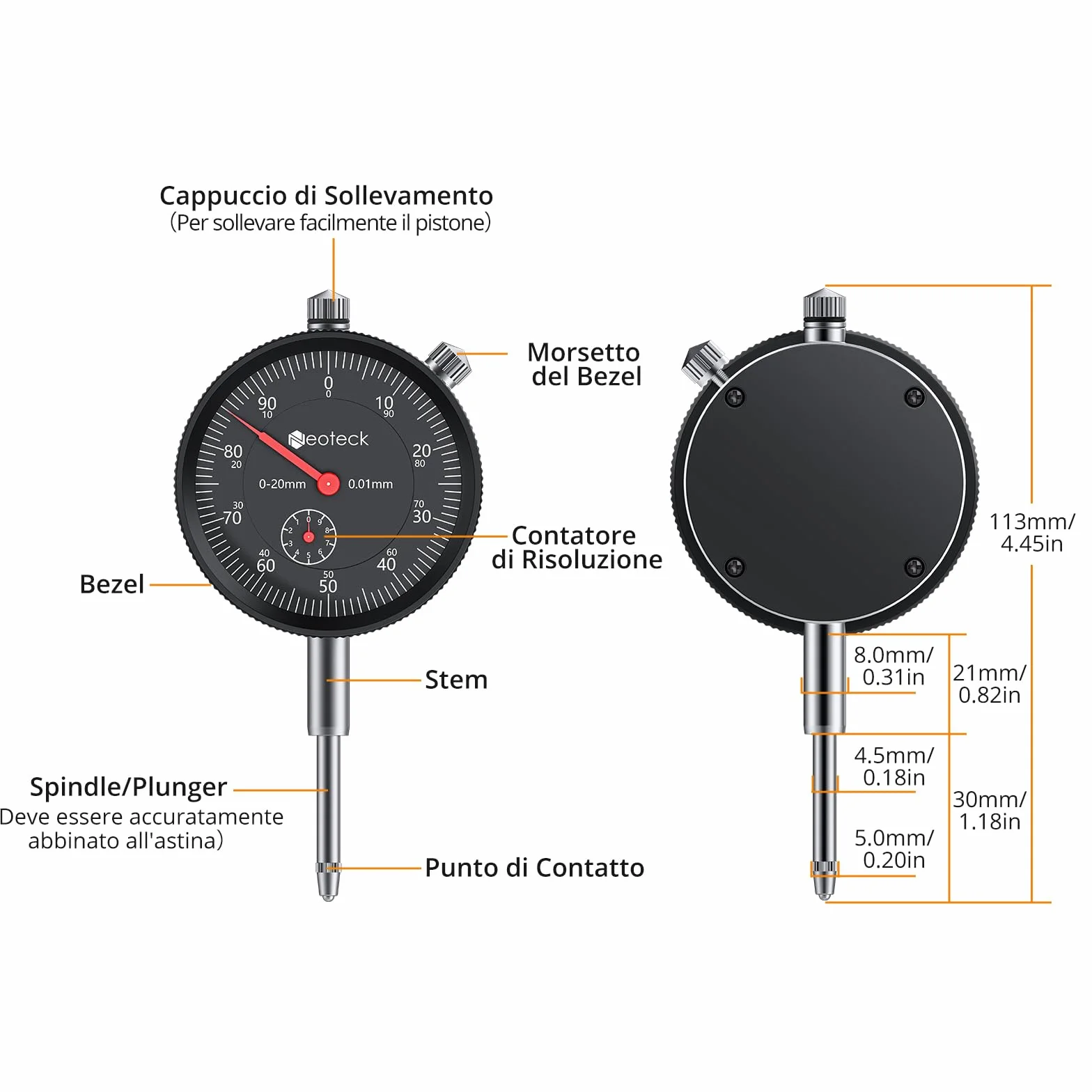 Neoteck Comparatore Centesimale Meccanico 0-20mm con Base Magnetica Set Indicatore Metrico in Acciaio Inox + Staffa Flessibile braccio Porta Quadrante Max Pull 80KG Controllo ON/OFF -Nero