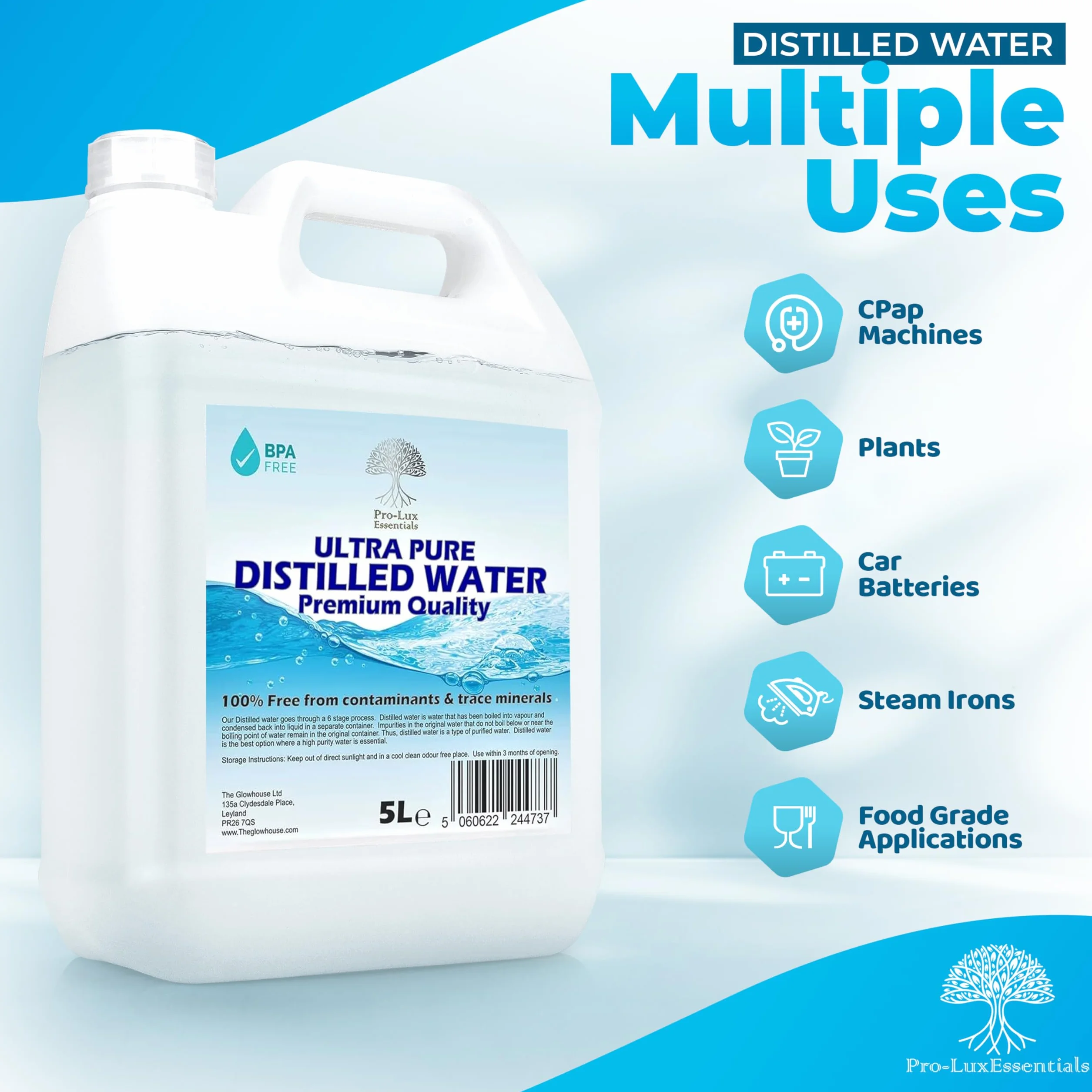 Acqua distillata pura 100% 20 litri per CPap, ferri da stiro, umidificatori