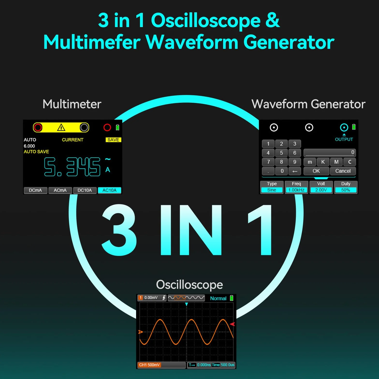 Oscilloscopio digitale + Generatore di segnale + Multimetro 3 in 1: Oscilloscopio digitale portatile, larghezza di banda 80 MHz, 250 MS/s, oscilloscopio a 2 canali 2 in 1, oscilloscopio portatile