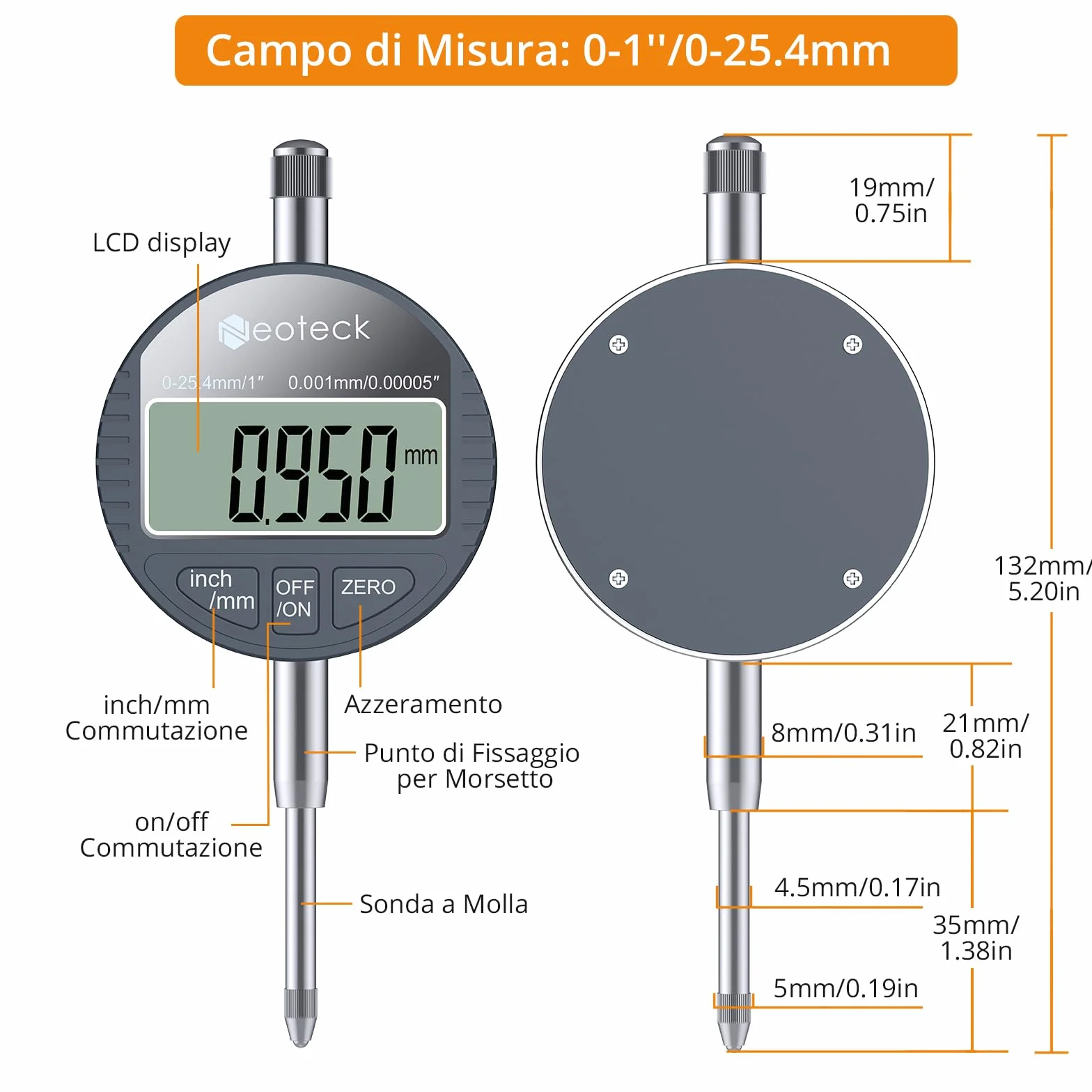 Neoteck Comparatore Digitale Millesimale 0–25.4mm – Indicatore di Precisione 0.001mm con Display LCD, Funzione Zero, Comparatore Millesimale con Conversione mm/pollici per CNC Tornio Officina