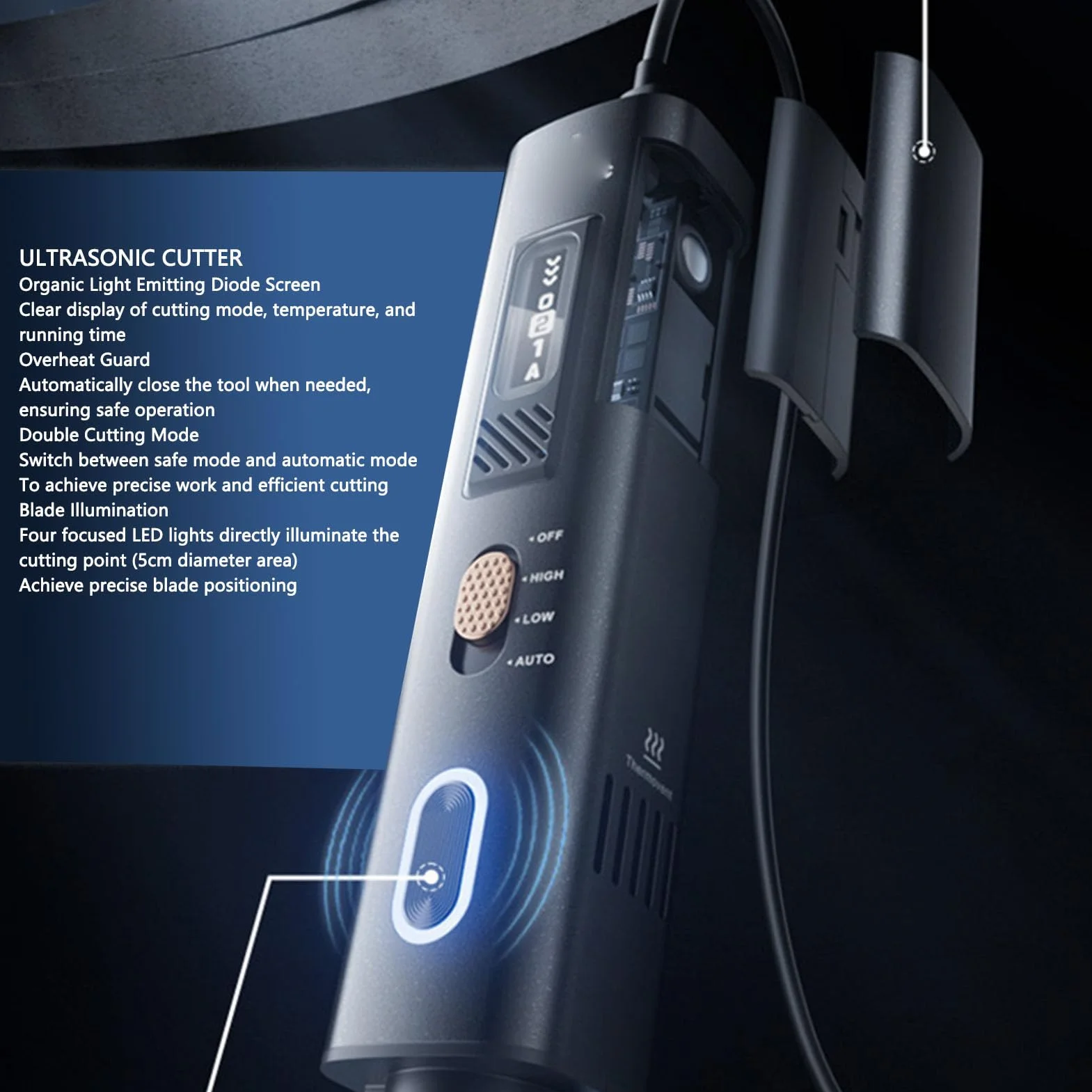 SIXRUN Ultrasuono Taglierino, 40kHz Multifunzione Dispositivo di Taglio Manuale Strumento di Taglio di Precisione con Display OLED 50 Lame per Stampa 3D Artigianato Legno (Spina europea)