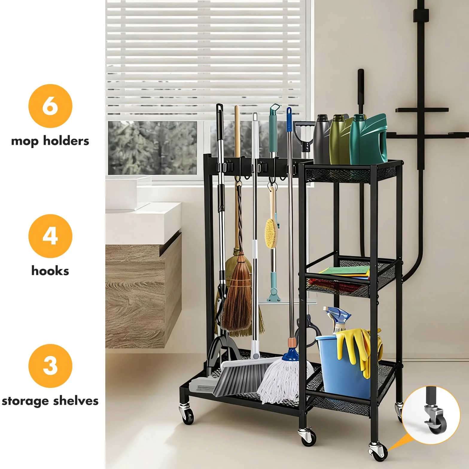 Carrello per Pulizie 3 Ripiani con Ruote, Organizzatore Mobile Porta Scope, Portata 50kg