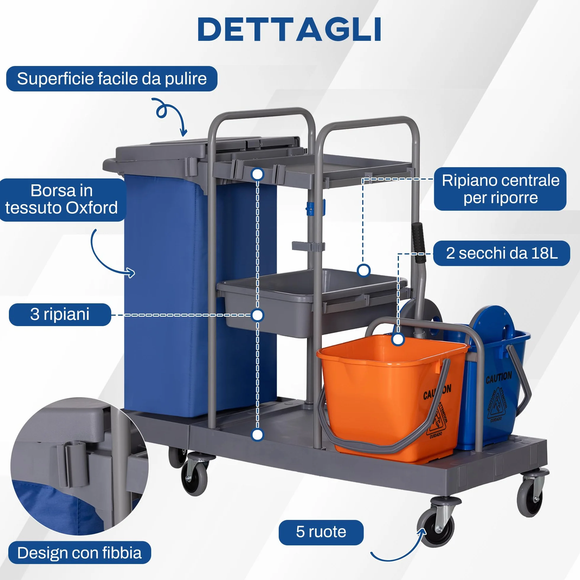 HOMCOM Carrello Pulizie Professionale 3 Ripiani con Sacco Immondizia, Ganci Scopa, Secchio Lavapavimenti Strizzatore Mocio, 5 Ruote, 111x63.3x103 cm, Grigio