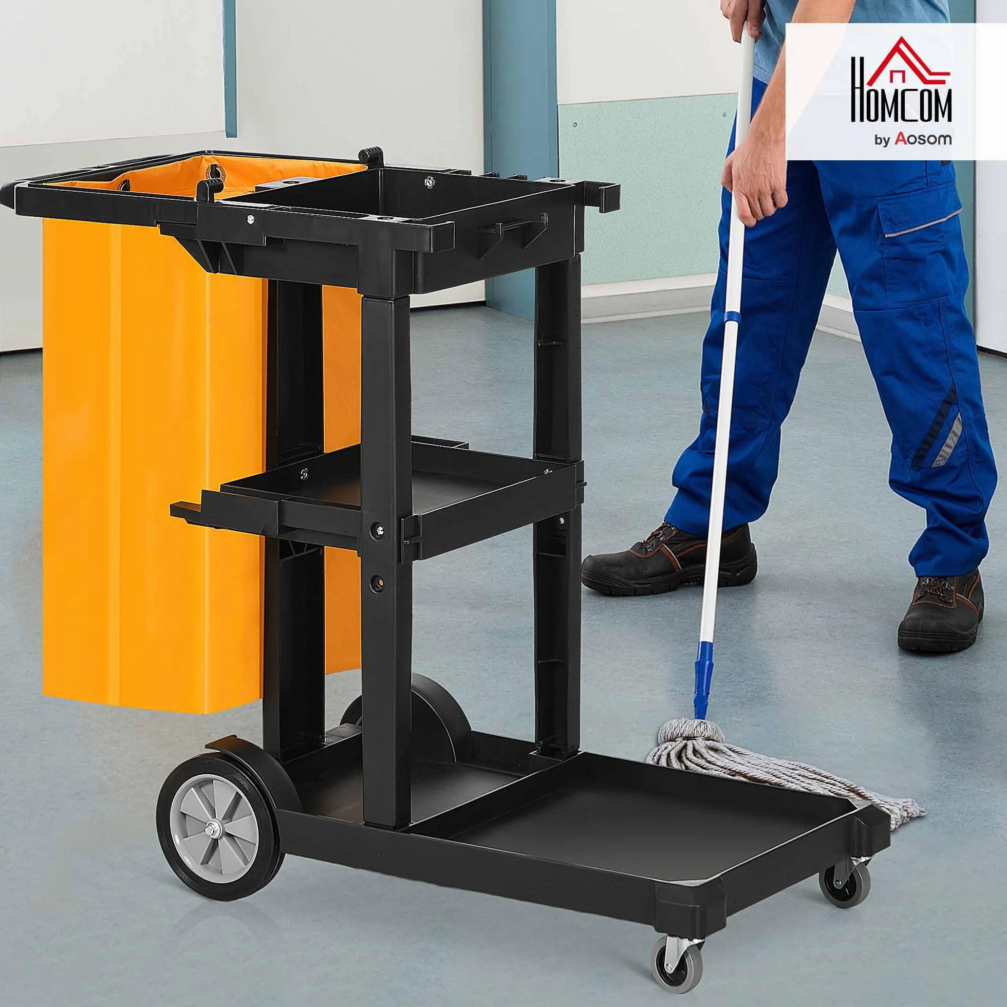 HOMCOM Carrello Pulizie Professionale 3 Ripiani con Ganci, 100L, 121x50.5x96.5 cm, Nero