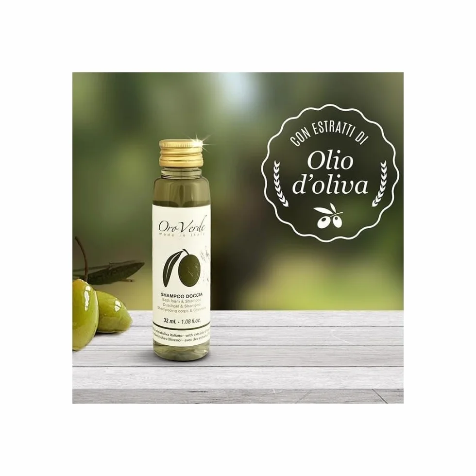 Linea cortesia Oro Verde Kit Cortesia per Hotel e B&B con olio d’oliva biologico italiano. Shampoo Doccia 2in1 monodose, igiene intima, saponetta e sali da bagno (100 Shampoo Doccia)