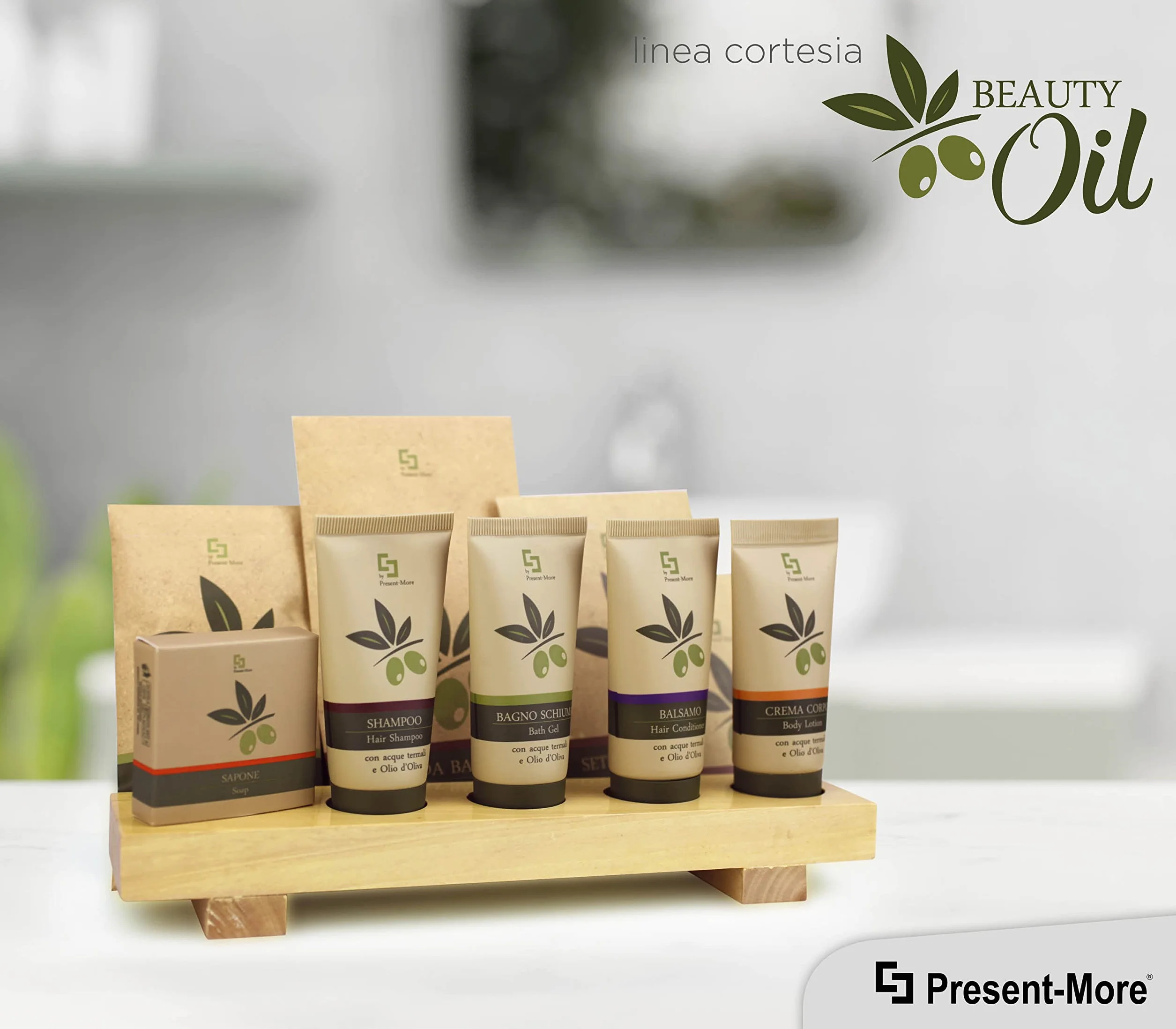 PRESENT-MORE - Vanity Set 250 Pezzi - Linea Beauty Oil - Kit con Dischi Struccanti, Limetta per Unghie e Cotton Fioc - Packaging Ecologico in Stone Paper - Ideale per Hotel e B&B