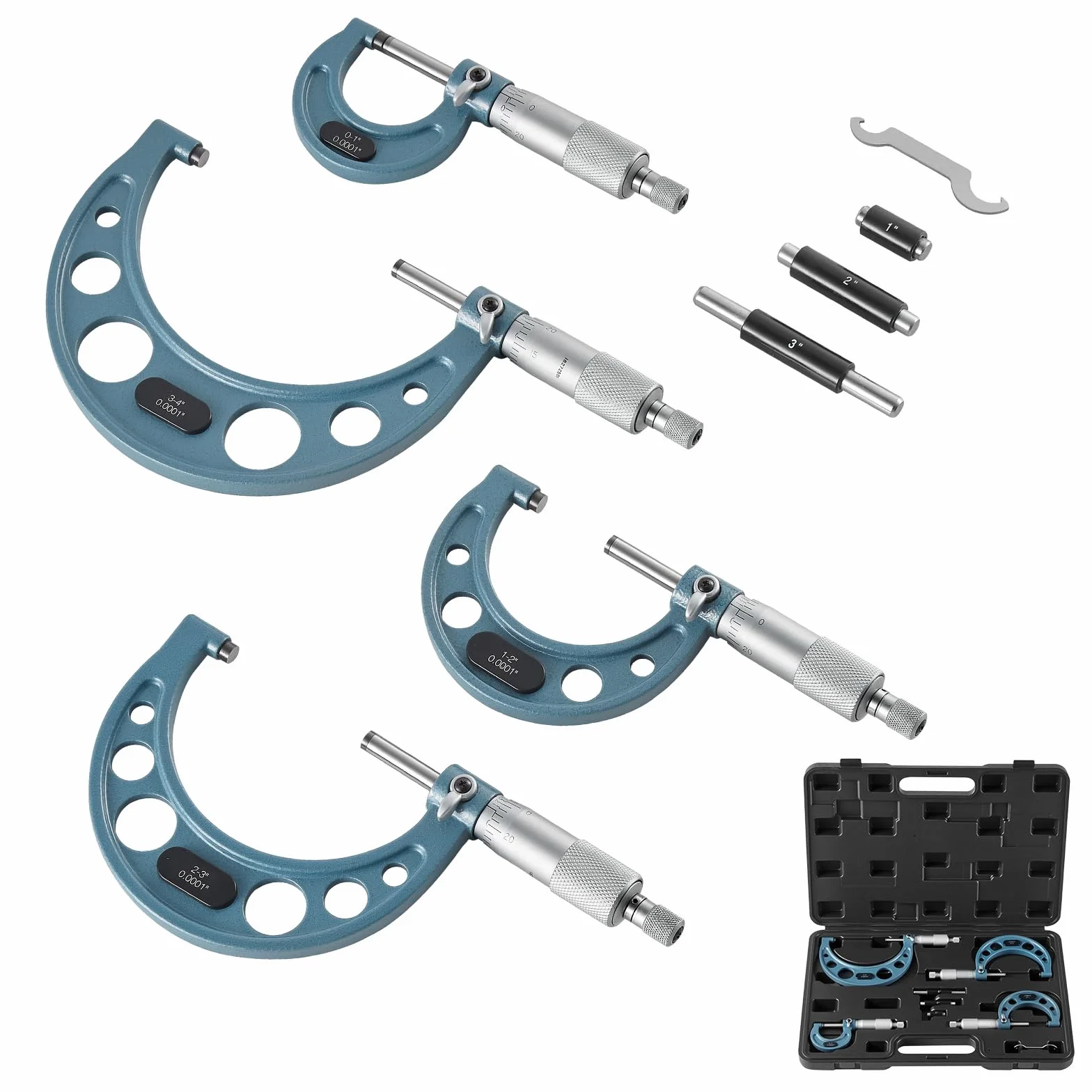 VEVOR Set di Micrometri da 4 Pezzi, Micrometro Esterno 0-4 pollici, Kit per Macchinisti con Custodia