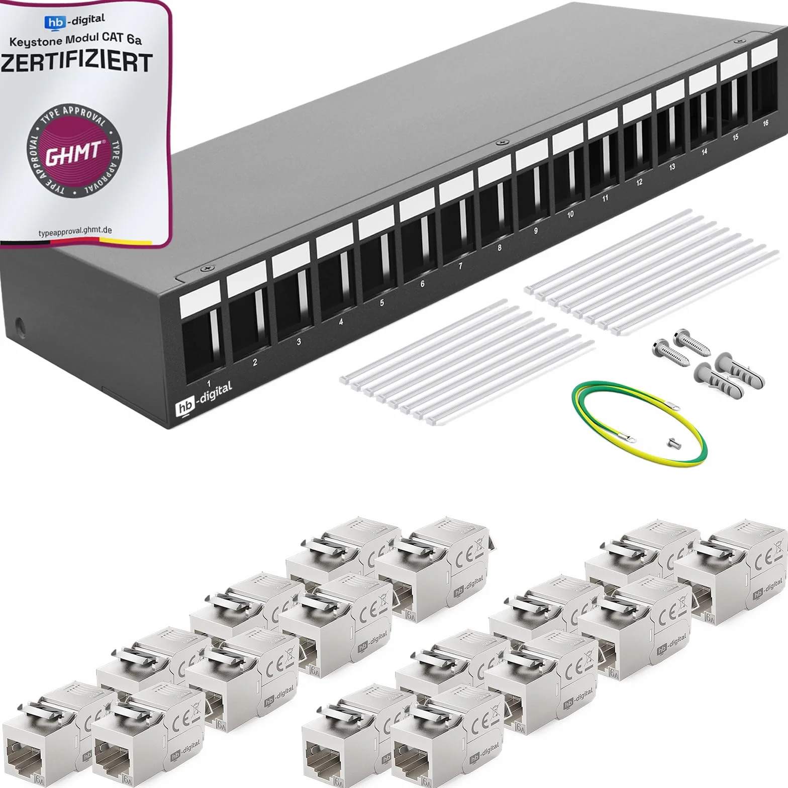 HB-DIGITAL Pannello patch a 16 porte di rete 1U + 16x CAT 6a Keystone Module RJ45 femmina jack per montaggio a parete compatibile con cavo di posa CAT 5e CAT 6 CAT 6a Ethernet LAN DSL nero