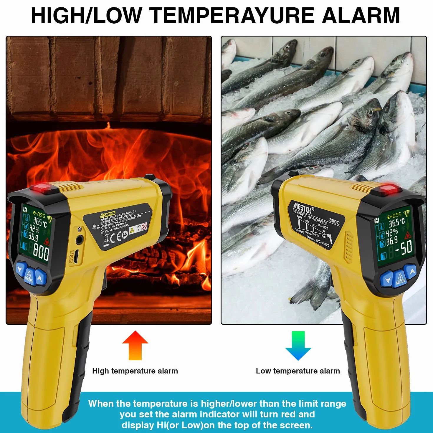 MESTEK Termometro Infrarossi Digitale Professionale -50°C~800°C con Sonda K Schermo LCD Colori Emissività Regolabile