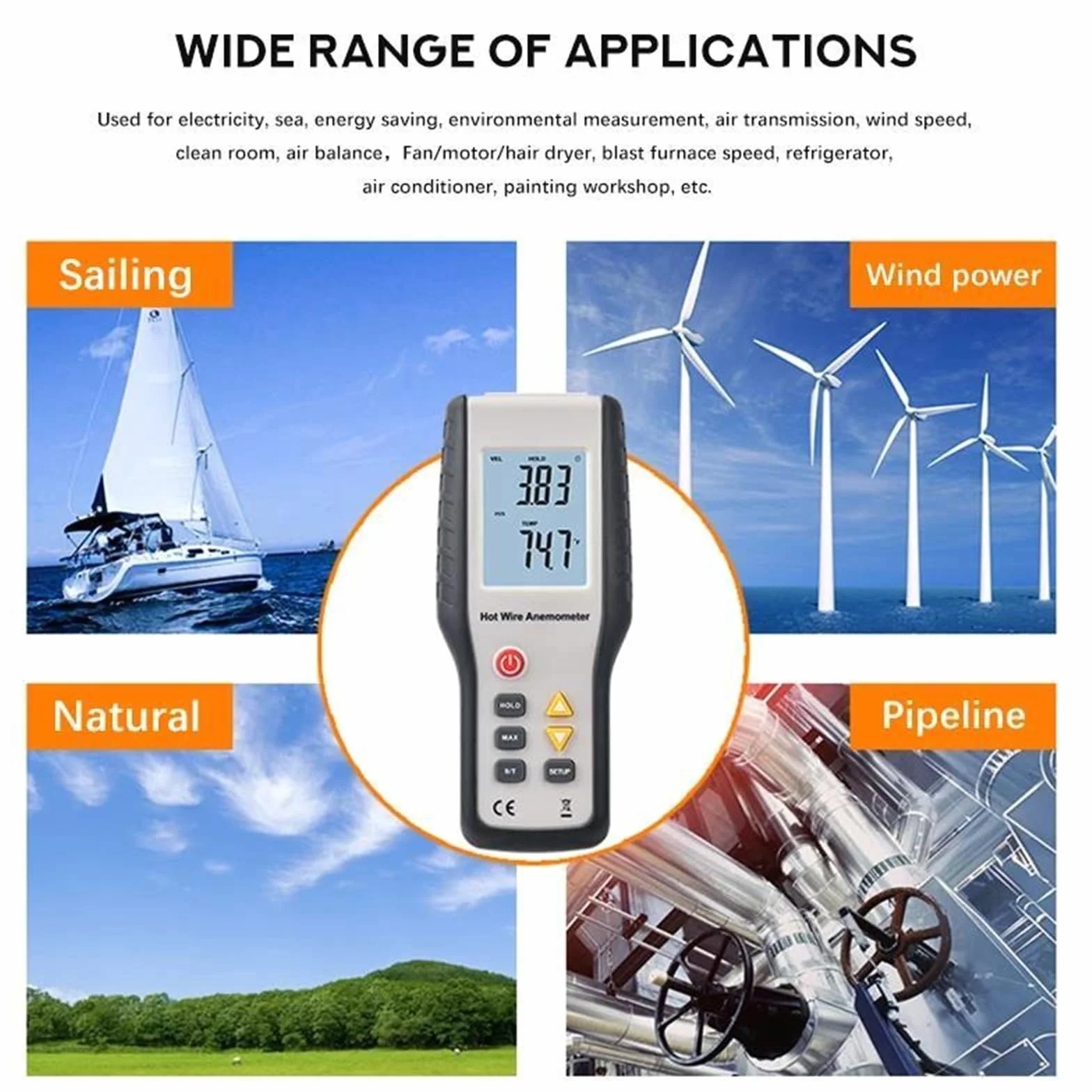 Anemometro termico a filo caldo digitale Misuratore di velocità portatile ad alta sensibilità