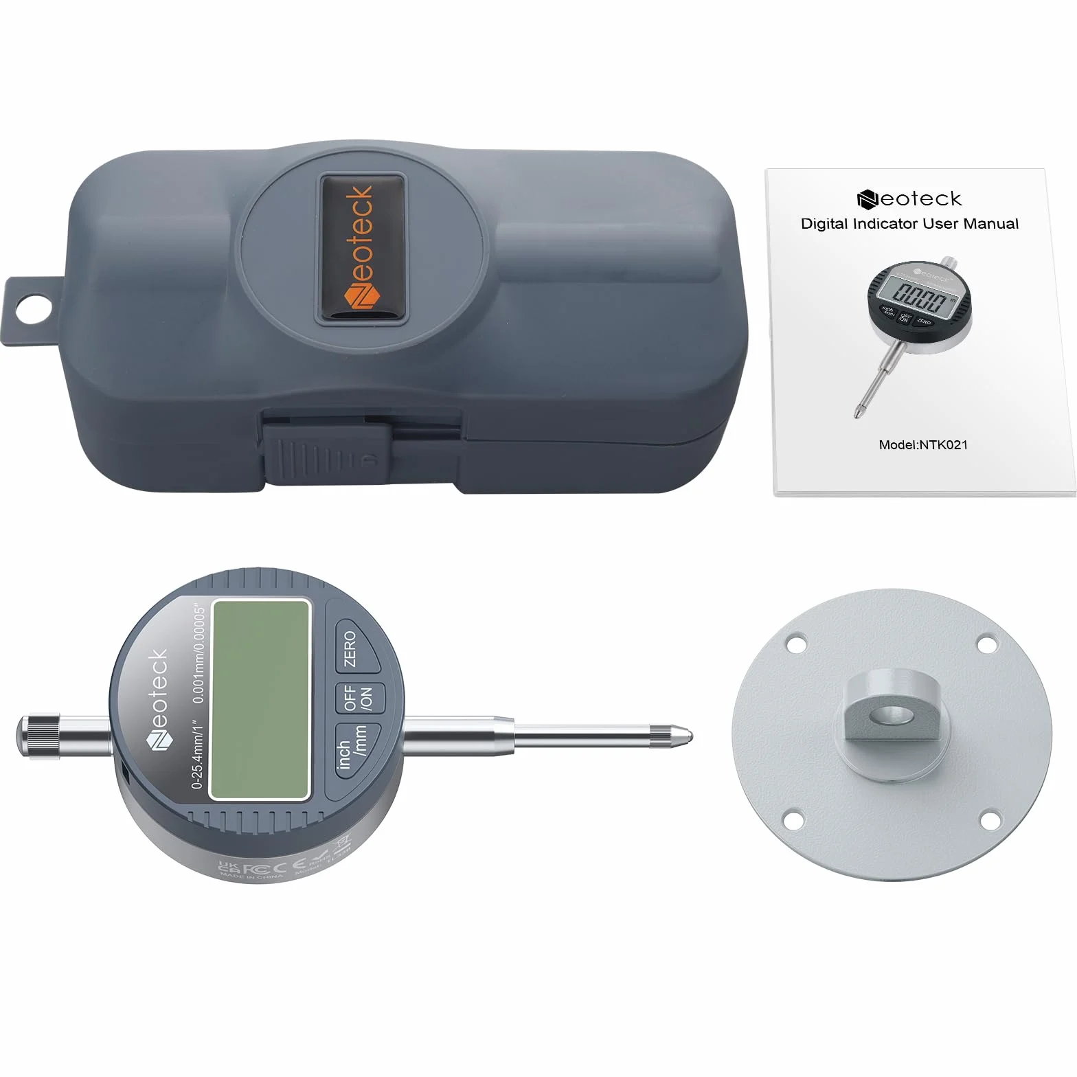 Neoteck Comparatore Digitale Millesimale 0–25.4mm – Indicatore di Precisione 0.001mm con Display LCD, Funzione Zero, Comparatore Millesimale con Conversione mm/pollici per CNC Tornio Officina