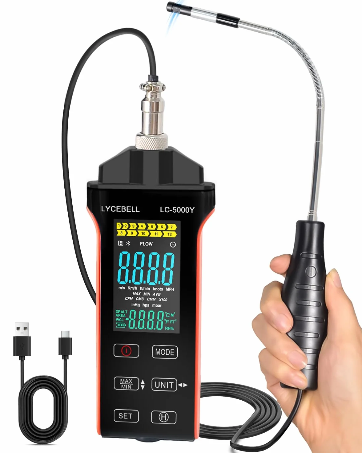 Anemometro a filo caldo LYCEBELL 5000Y 0,1-30 m/s IP54 batteria USB-C per HVAC