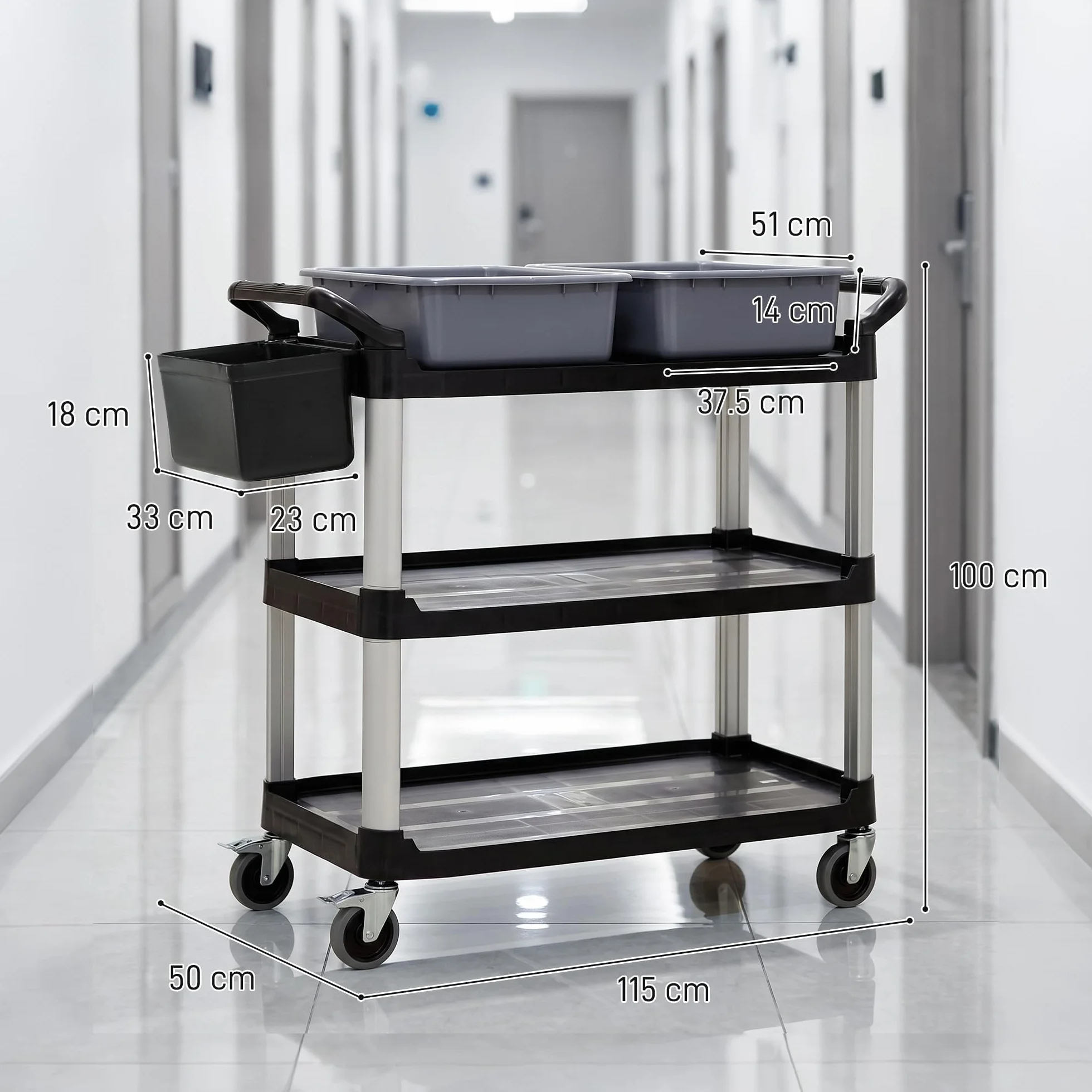 HOMCOM Carrello Pulizie Professionale 3 Ripiani Metallo Plastica 2 Contenitori Rimovibili Secchio Sospeso 4 Ruote Capacità 100kg 115x50x100 cm Nero