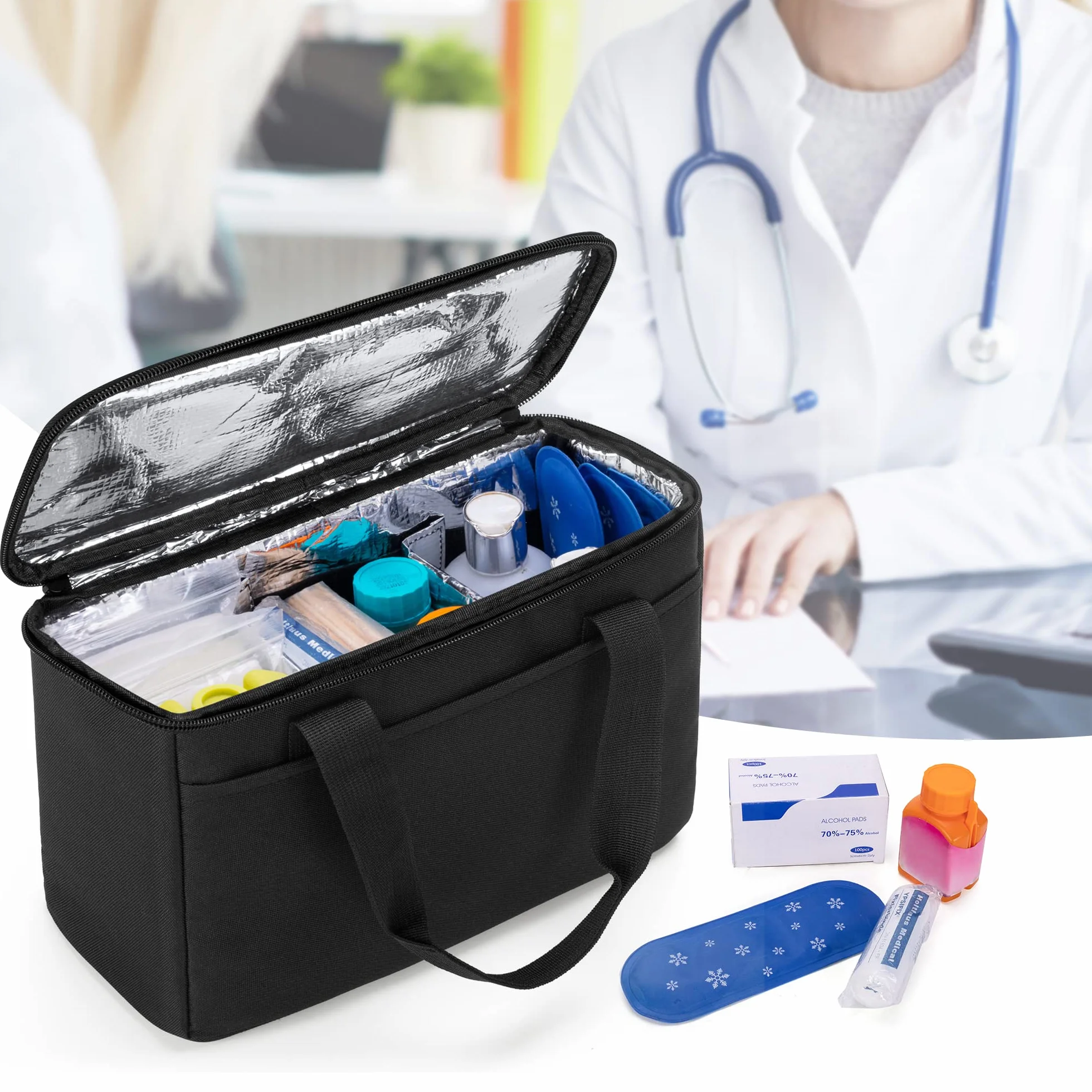 Trunab Piccola Borsa Medica Isolata con Divisori Regolabili, Borsa Termica Resistente all'Acqua per la Conservazione di Medicinali da Viaggio per Casa, Viaggi, Campeggio (Nero) - Design Brevettato