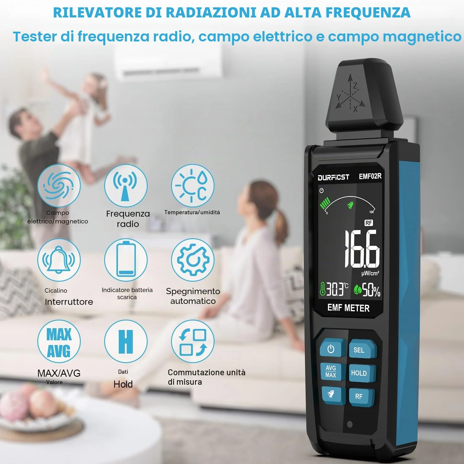 Misuratore EMF, DURFICST 5 in 1 Rilevatore di radiazioni elettromagnetiche digitali ricaricabili per segnali EF, RF, MF e WiFi, adatto per 5G, torri cellulari, contatori intelligenti, WiFi, Bluetooth