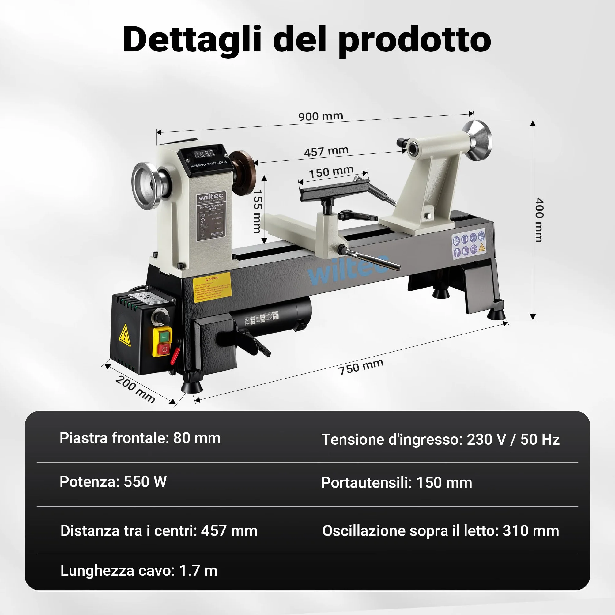 Wiltec Tornio per legno, 3 variazioni di velocità 50-1450, 1250-2800 e 2800–3800 rpm, Macchina da banco per tornitura