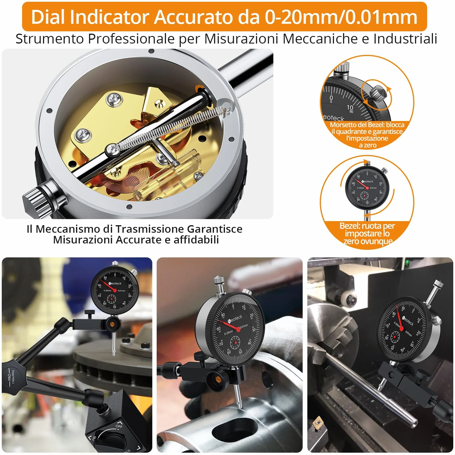 Neoteck Comparatore Centesimale Meccanico 0-20mm con Base Magnetica Set Indicatore Metrico in Acciaio Inox + Staffa Flessibile braccio Porta Quadrante Max Pull 80KG Controllo ON/OFF -Nero