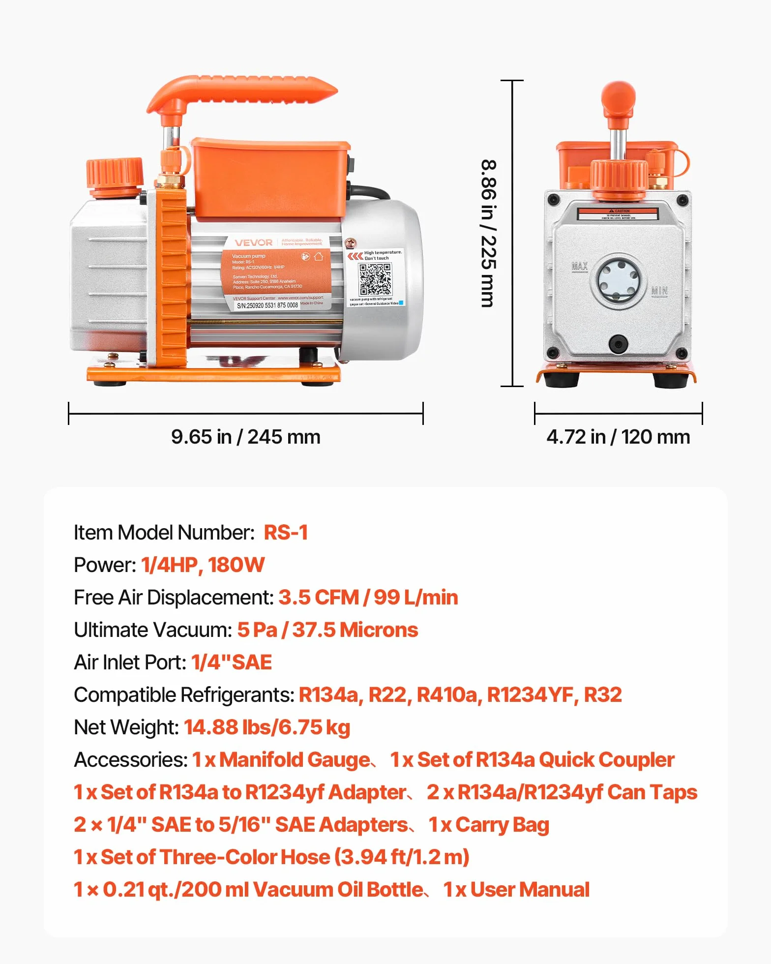 VEVOR Kit Pompa per Vuoto Manometro da 3,5 CFM 99 L/min, Pompa per Vuoto a Palette Rotanti Monostadio per Aria Condizionata con Borsa per Trasporto, Compatibile con R134a, R22, R410a, R1234YF, R32