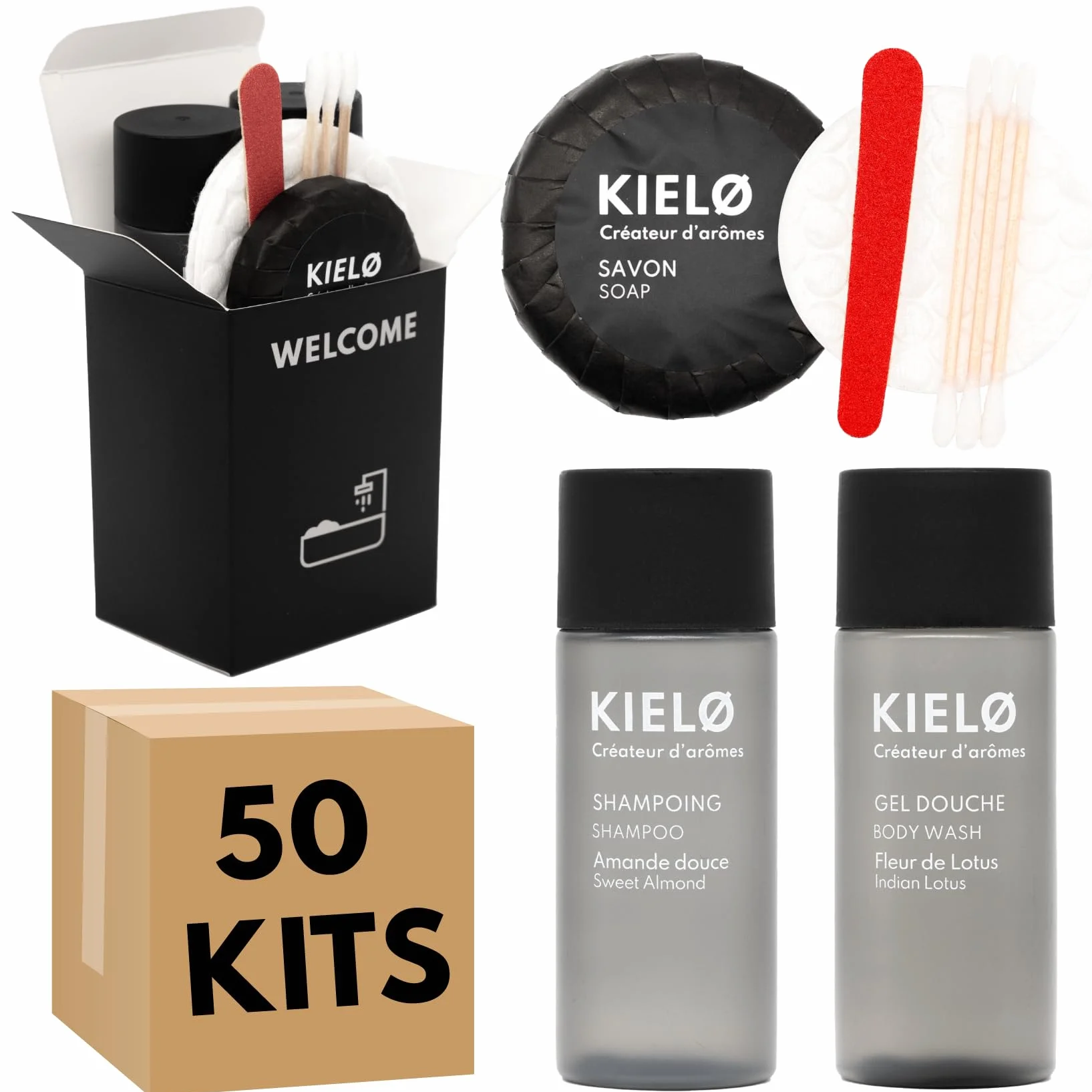 Kit di Benvenuto per Bagno Nero Confezione da 50, Ideale per Affitti Brevi e Airbnb