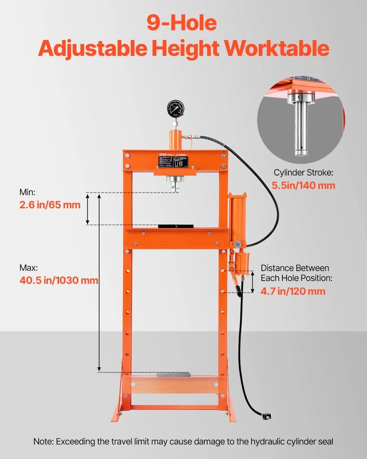 VEVOR Pressa Idraulica Manuale da Officina 20 T con Telaio a H, Pressione 0,8-1,2 MPa