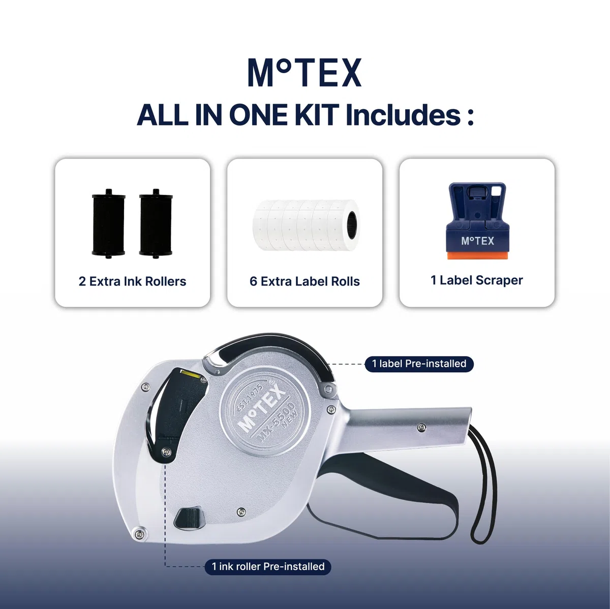 Motex Pistola per etichettatura prezzi, MX-5500NEW, 3 rulli di inchiostro inclusi, 8 rotoli di etichetta inclusi, argento, 1 riga prezzatrice, pistola per etichette con data, pronta all'uso