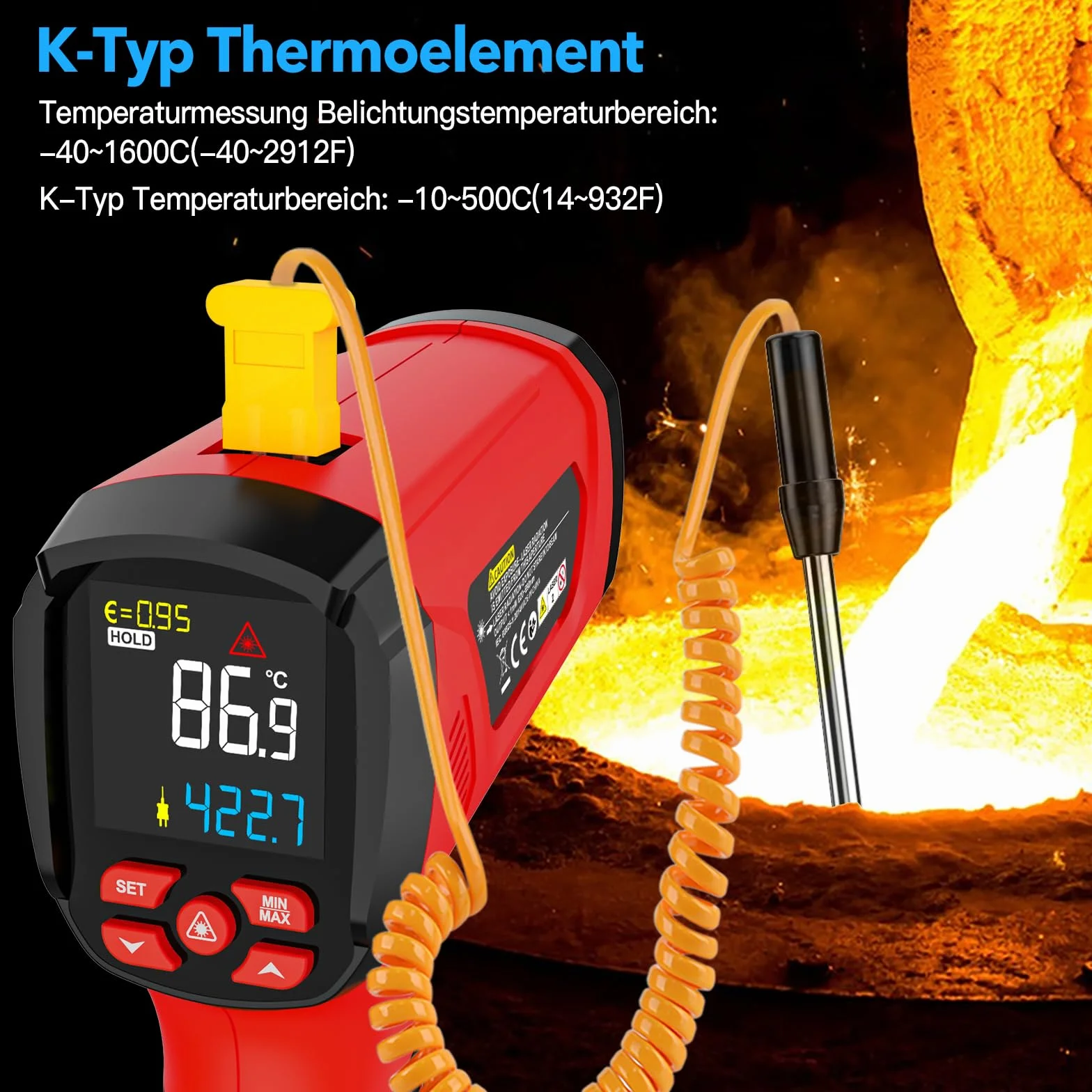 Termometro a Infrarossi MESTEK Digitale Laser -40°C~1600°C con K-Probe Senza Contatto LCD