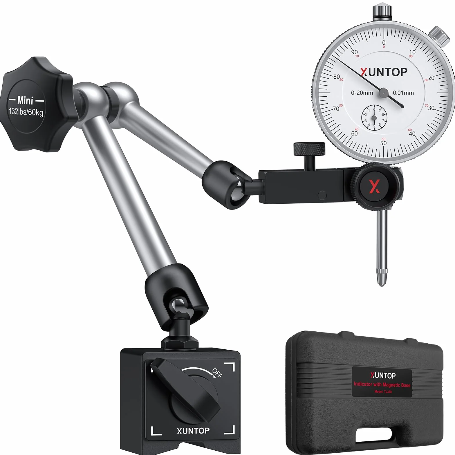 XUNTOP Comparatore Centesimale Meccanico 0-20mm + Base Magnetica Multidirezionale 60KG Misurazione Precisione 0.01mm Set Professionale con Comparatore Test DTI per Tornio, Stampante 3D, CNC, Auto