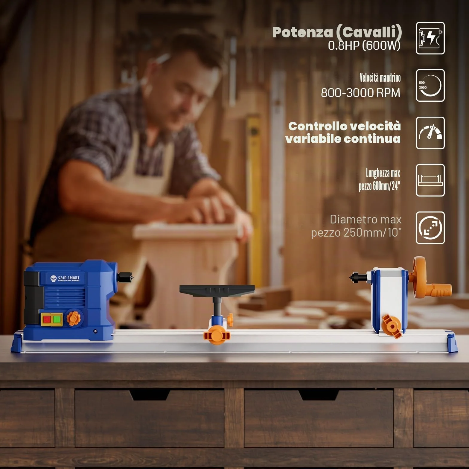 SainsmartTornio da tavolo 10 x 24 pollici, 600 W, 0,8 CV, controllo continuo della velocità da 800-3000 giri/min, accessori completi per la lavorazione del legno