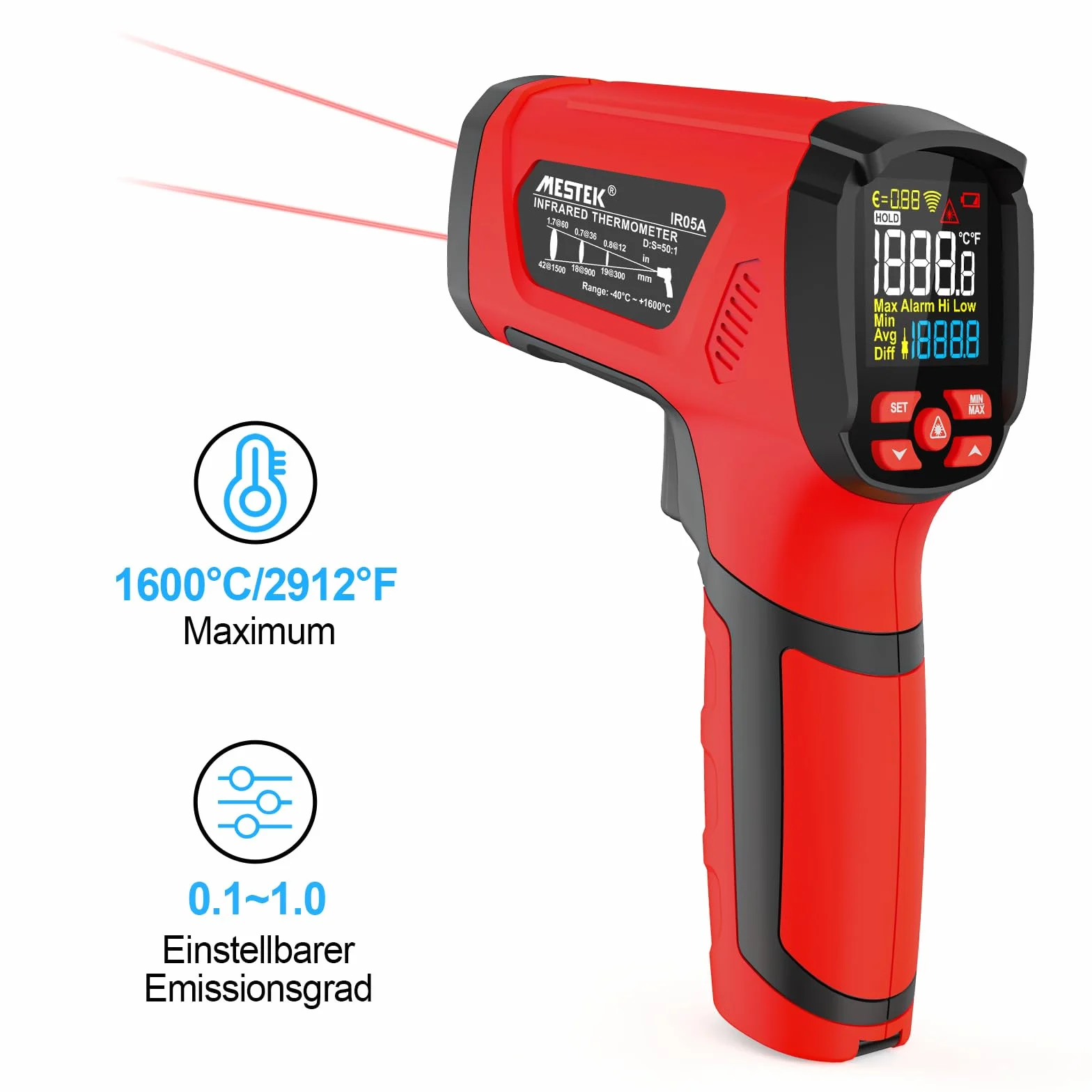Termometro a Infrarossi MESTEK Digitale Laser -40°C~1600°C con K-Probe Senza Contatto LCD