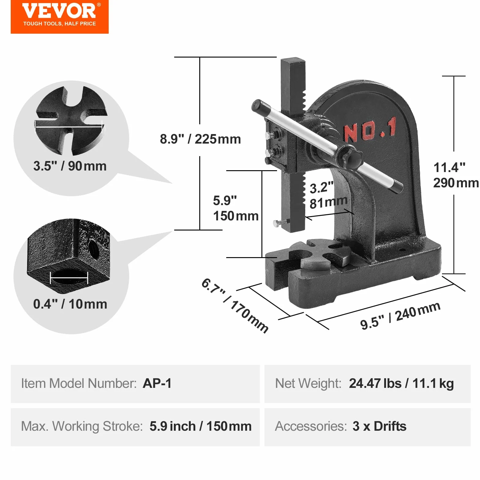 VEVOR 1 TON Manual Arbor Press, 5.9" Max Height, Heavy Duty Cast Iron Desktop Press