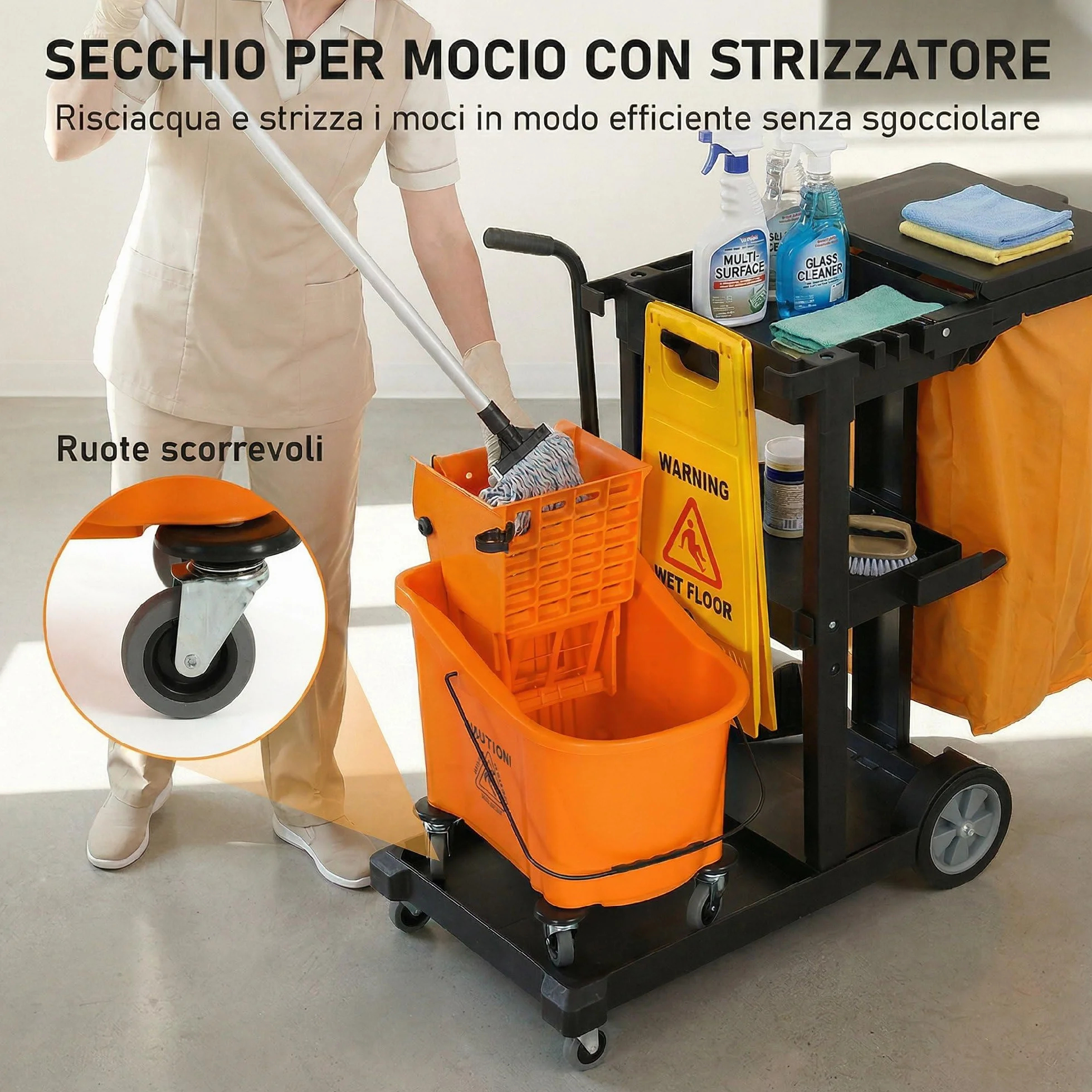 HOMCOM Carrello Pulizie 3 Ripiani 70L Secchio Lavapavimenti Strizzatore 4 Ruote 122x46.5x101 cm