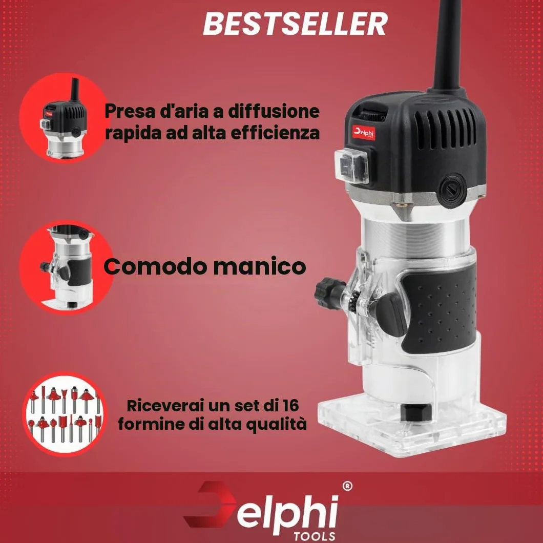 DELPHI Fresatrice Verticale Per Legno 800W 330000 R/MIN Con 15 pezzi Mandrino 6.35mm - Legno Rifilatrice Elettrica Router Legno Elettrica Rifilatrice Per Legno Con Custodia 25 Accessori SET