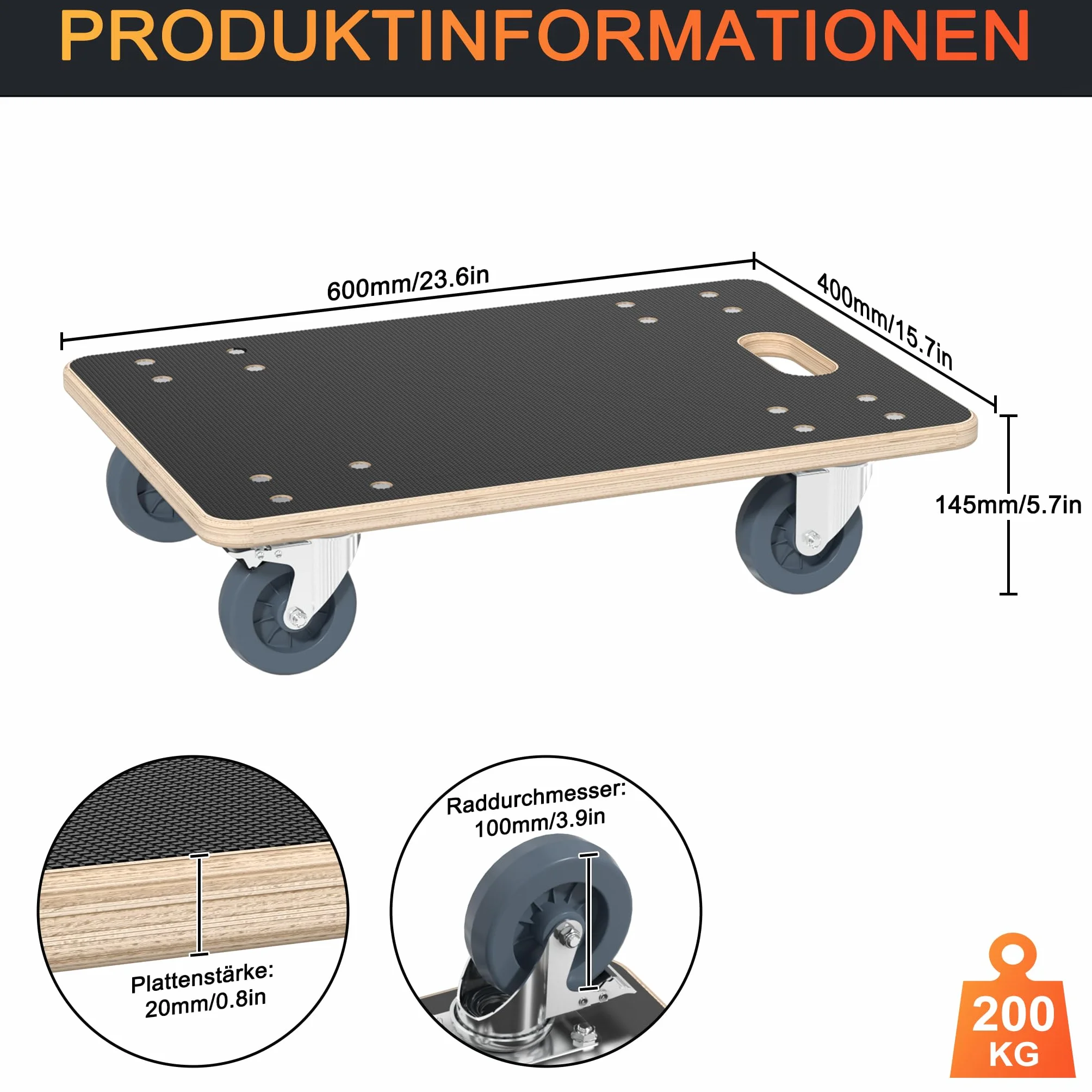 Aufun 2 rotelle per il trasporto, 60 x 40 cm, con freno, per il trasporto con aiuto per il trasporto, trasporto di mobili fino a 200 kg, robusto e sicuro