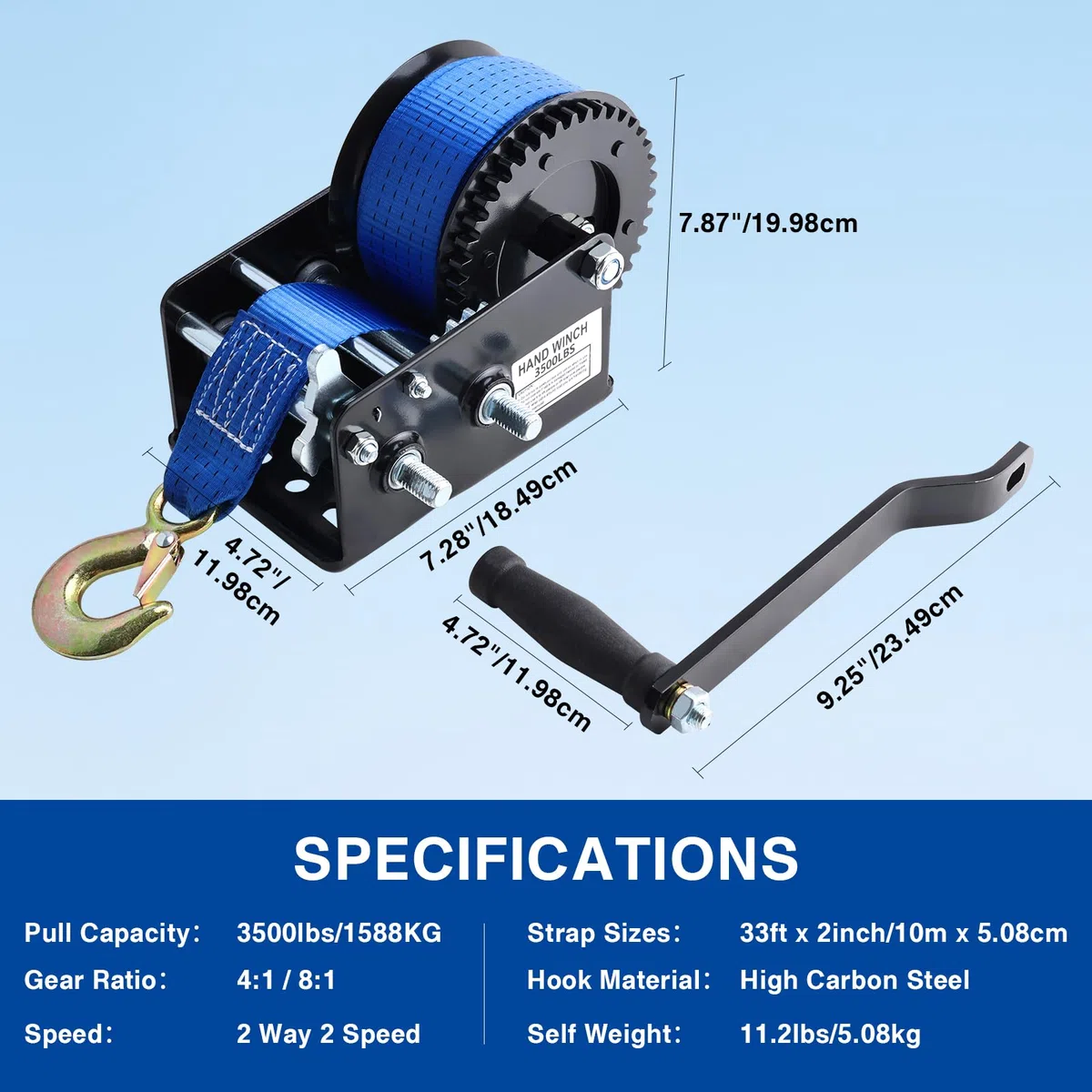 FreeTec Verricello manuale da 3500 lbs | Cinghia di sollevamento in poliestere da 10 m (50 mm) | Cambio a 2 marce per barche e camion
