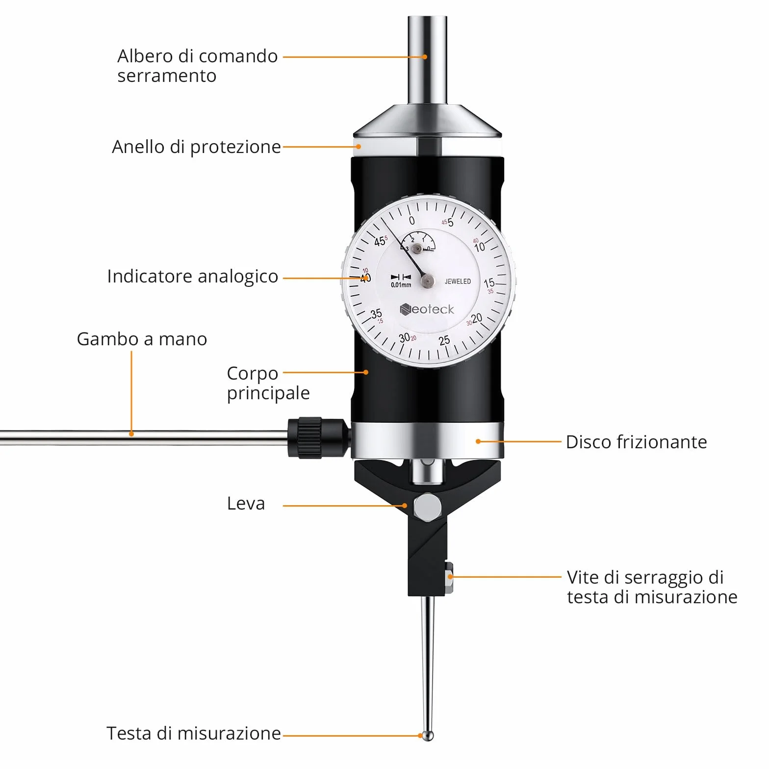 Neoteck Indicatore Coassiale di Centraggio 0-3mm, Precisione 0.01mm Prova del Quadrante di Centraggio Battitore di Centro per Fresatrice e Tornio - Set Completo con Aste, Puntali e Custodia Rigida