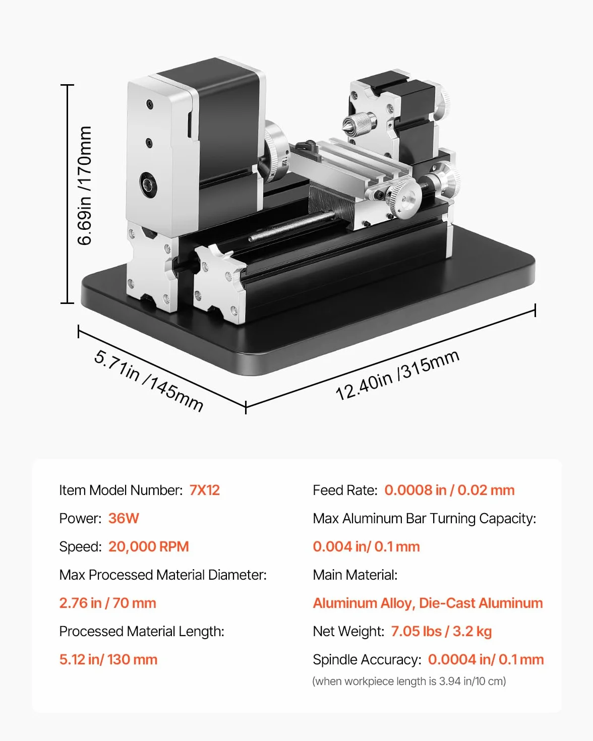 VEVOR Mini Tornio per Metalli Didattico, Potenza 36W, Velocità 20000 Giri al Minuto, con Mandrino 3 Griffe, Volantino in Lega di Alluminio, per Elaborare Metalli Morbidi Legno Plastici 70 x 130 mm