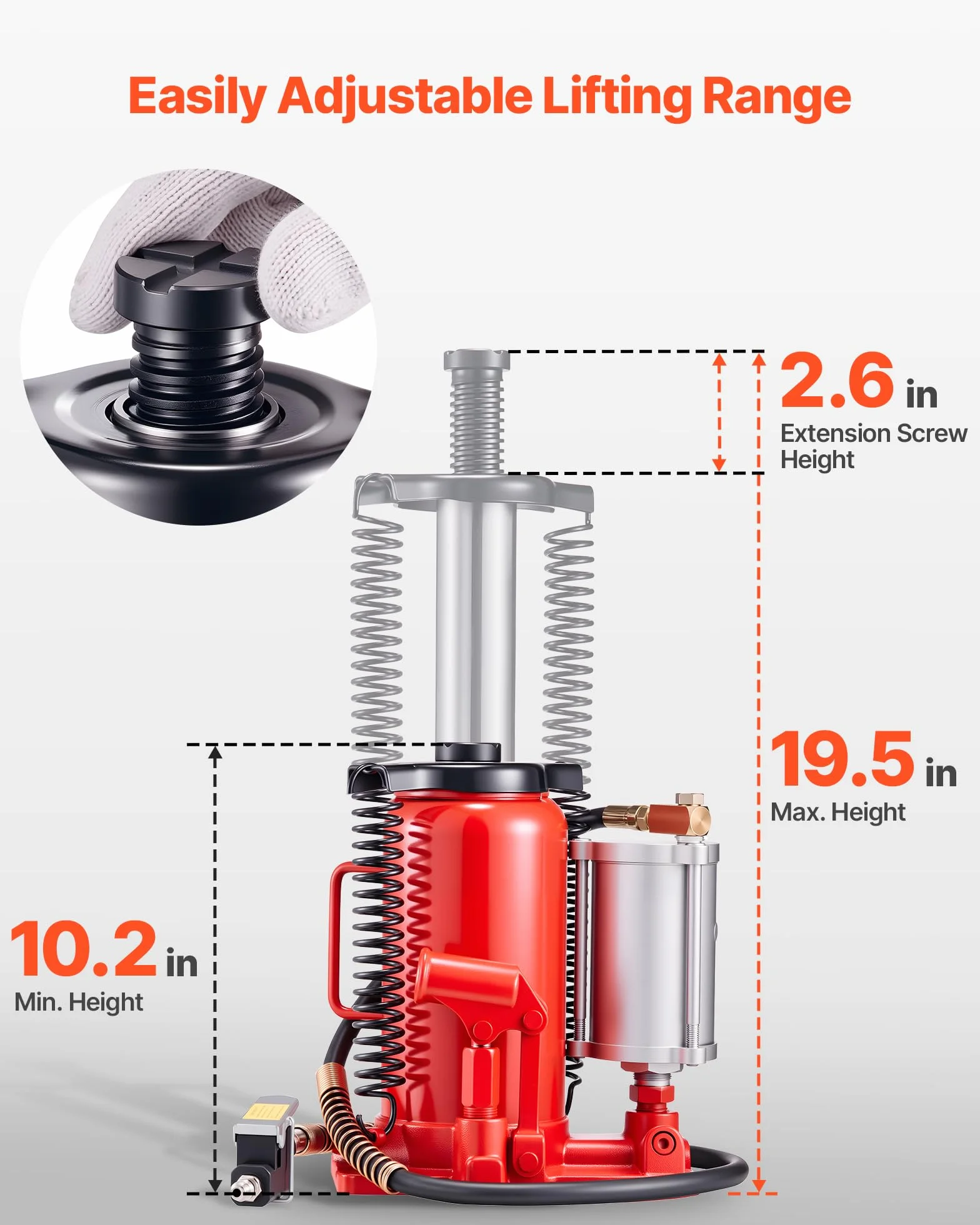 VEVOR Cric a Bottiglia Pneumatico Idraulico da 20 Tonnellate Intervallo di Sollevamento da 260 a 495 mm, Martinetto a Bottiglia Pneumatico Manuale con Pompa per Auto, Camion, SUV