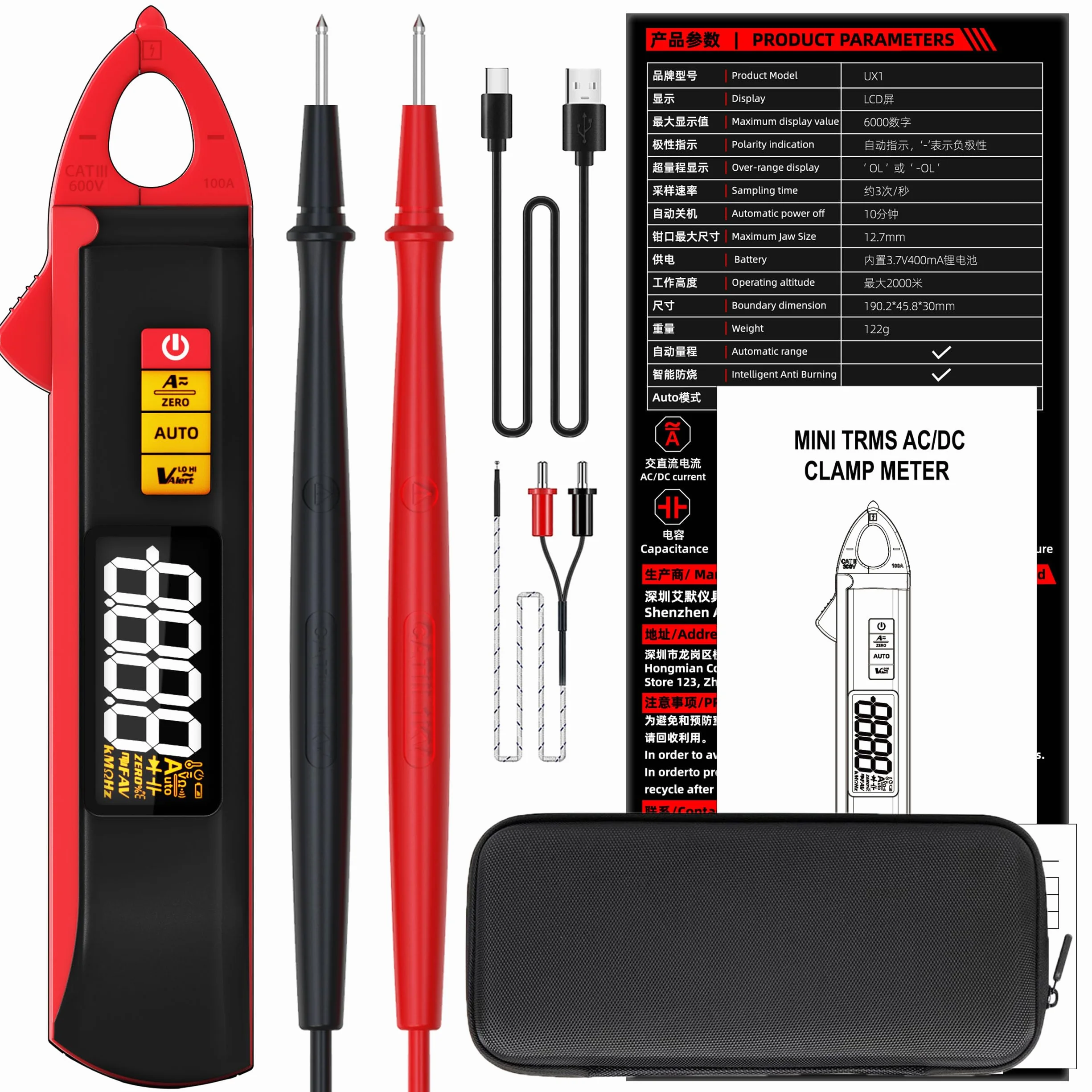 BSIDE UX1 1mA Pinza Amperometrica Bassa Corrente DC AC TRMS, Pinza Corrente di Dispersione per Automotive, Multimetro Automatico Ricaricabile di Tensione Resistenza Capacità Diodi Temperatura e NCV