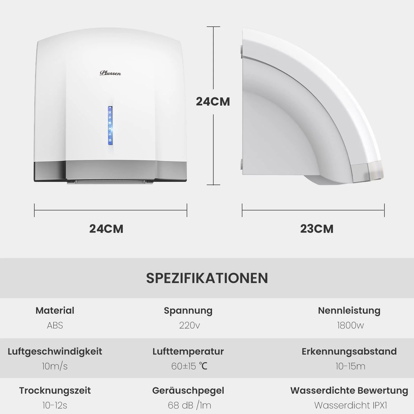 Asciugamani Automatico Elettrico da Parete con Sensore Fotocellula, 220-240V, 40 dB, Coperchio ABS