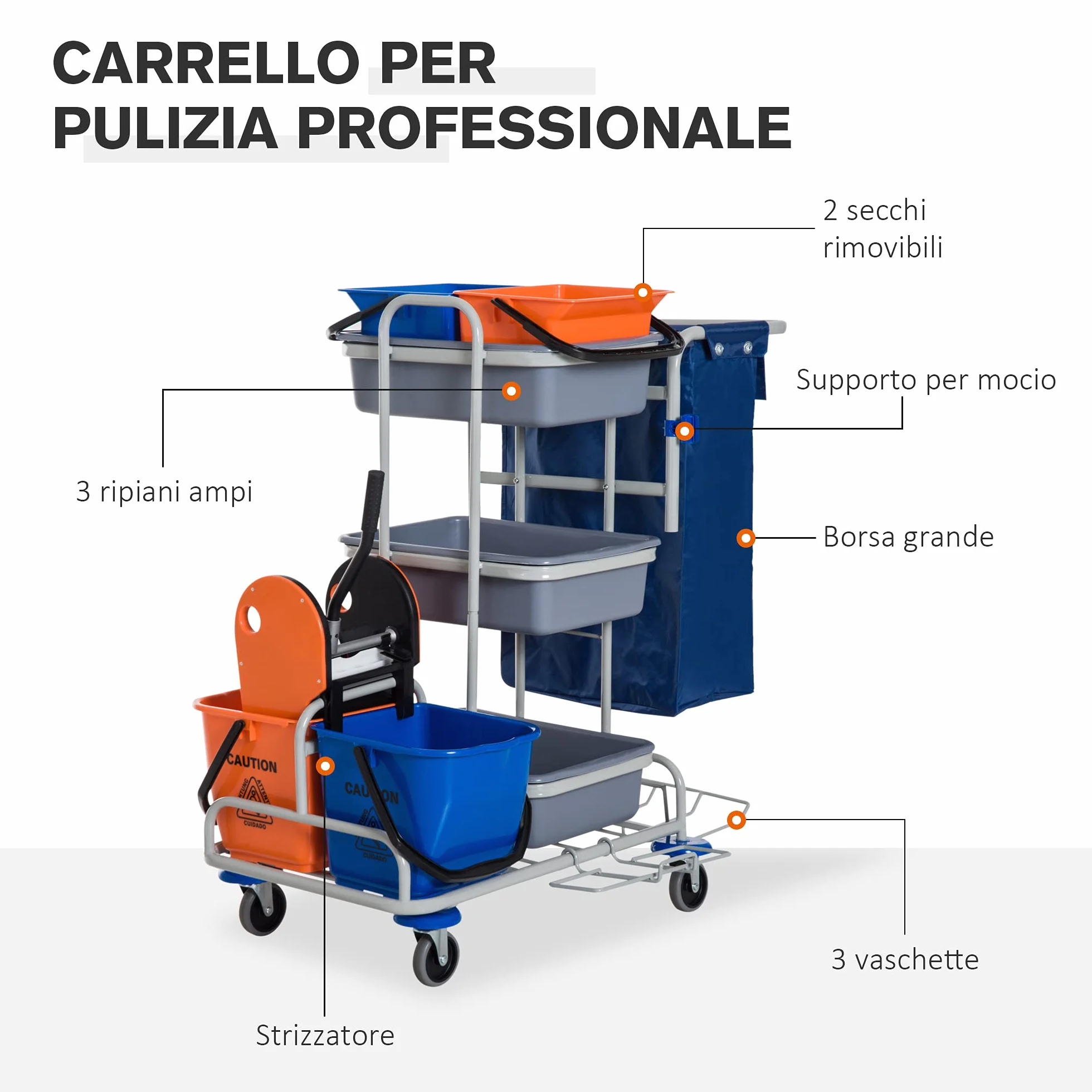 HOMCOM Carrello per Pulizie 4 Secchi Rotelle Borsa di Tela 118 × 73 × 103cm